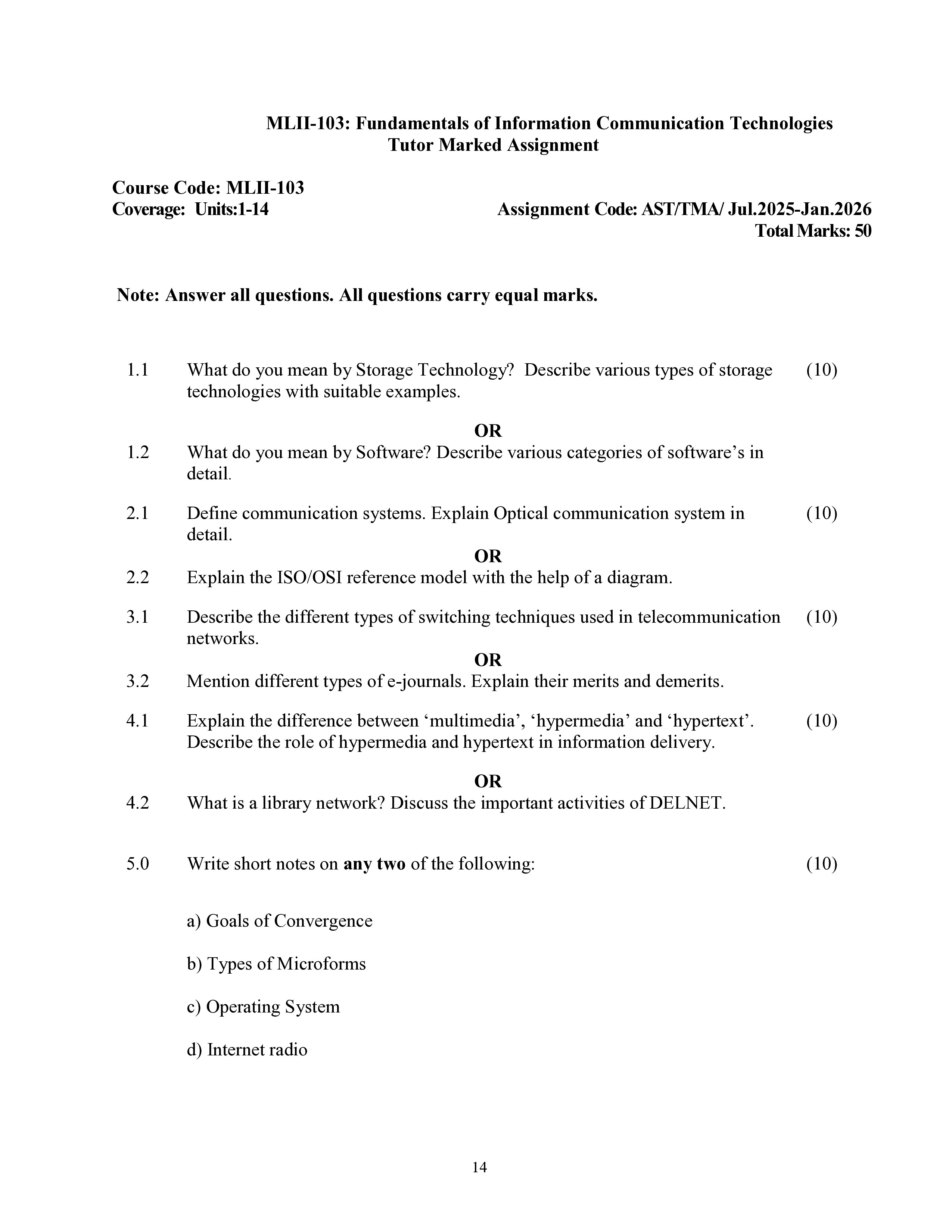IGNOU MLII 103 Solved Assignment 2025-2026 – Fundamentals of Information Communication Technologies (English) | IGNOU Students Portal