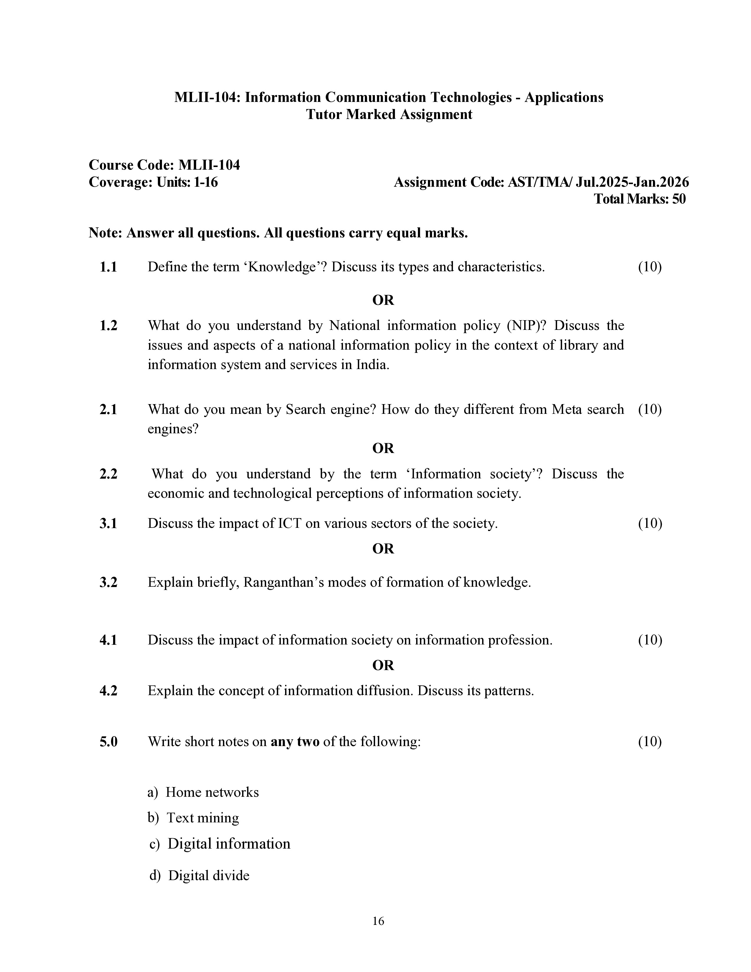 IGNOU MLII 104 Solved Assignment 2025-2026 – Information Communication TechnologiesApplications (English) | IGNOU Students Portal