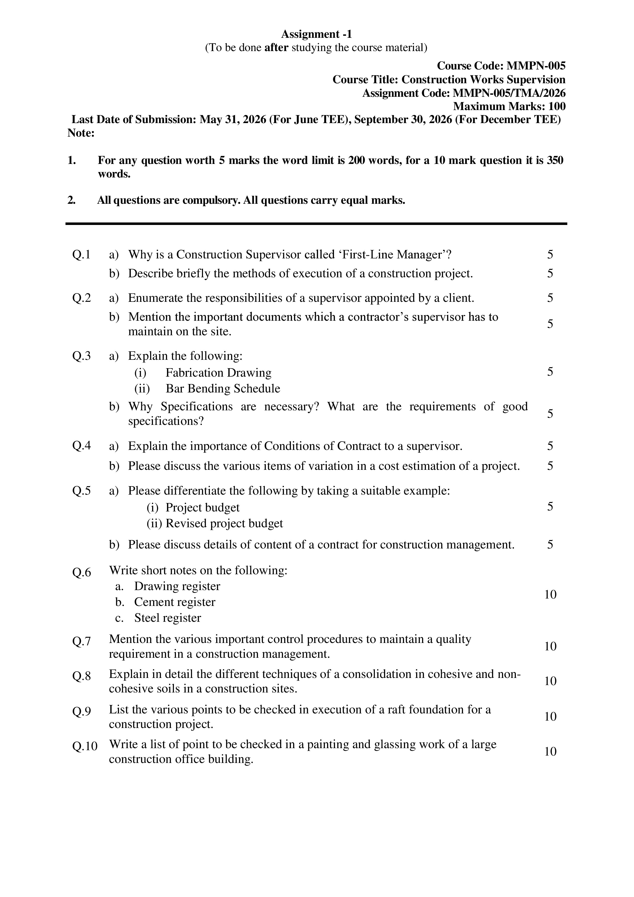 IGNOU MMNP 005 Solved Assignment 2026-26 – Construction Works Supervision (English) | IGNOU Students Portal