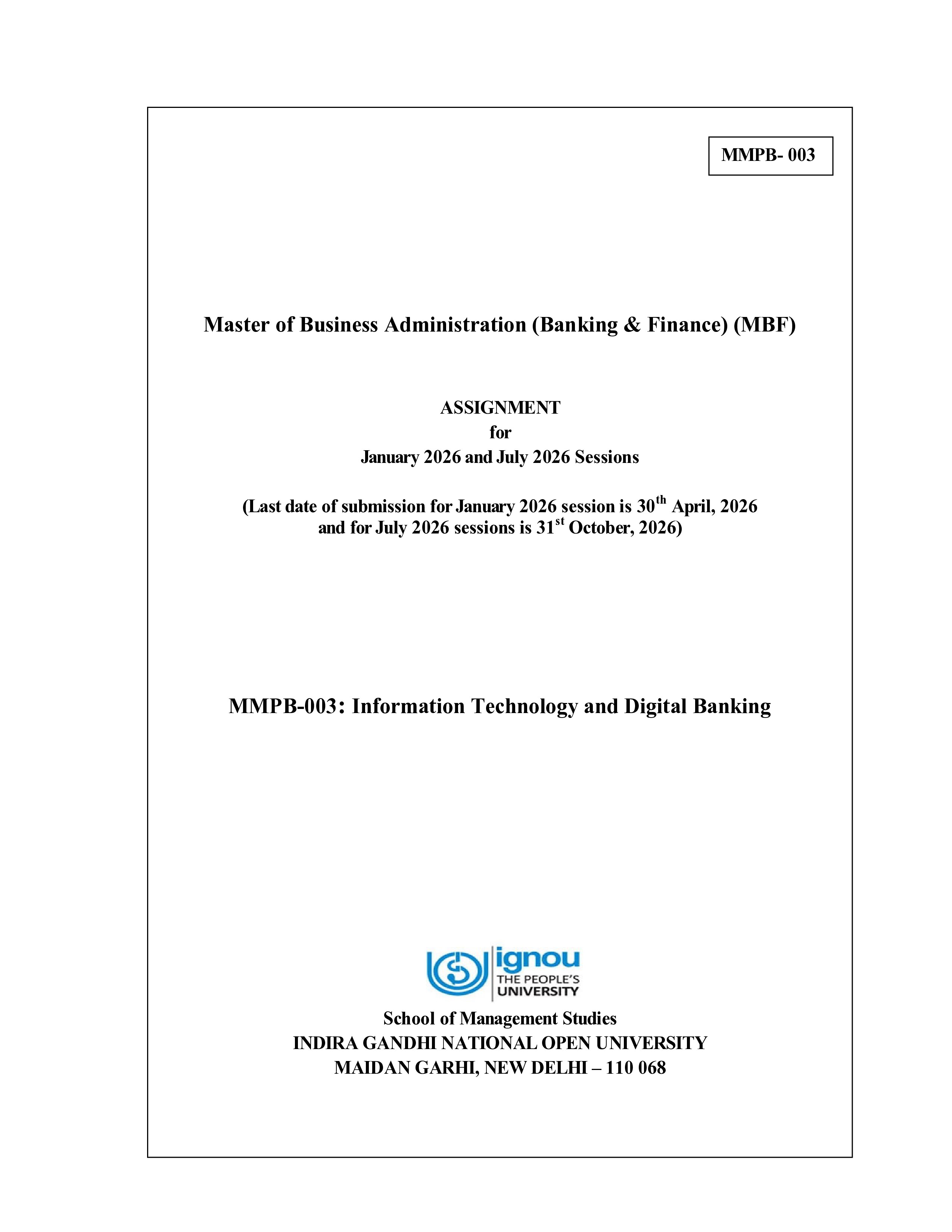 IGNOU MMPB 003 Solved Assignment 2026-26 – Information Technology and Digital Banking (English) | IGNOU Students Portal