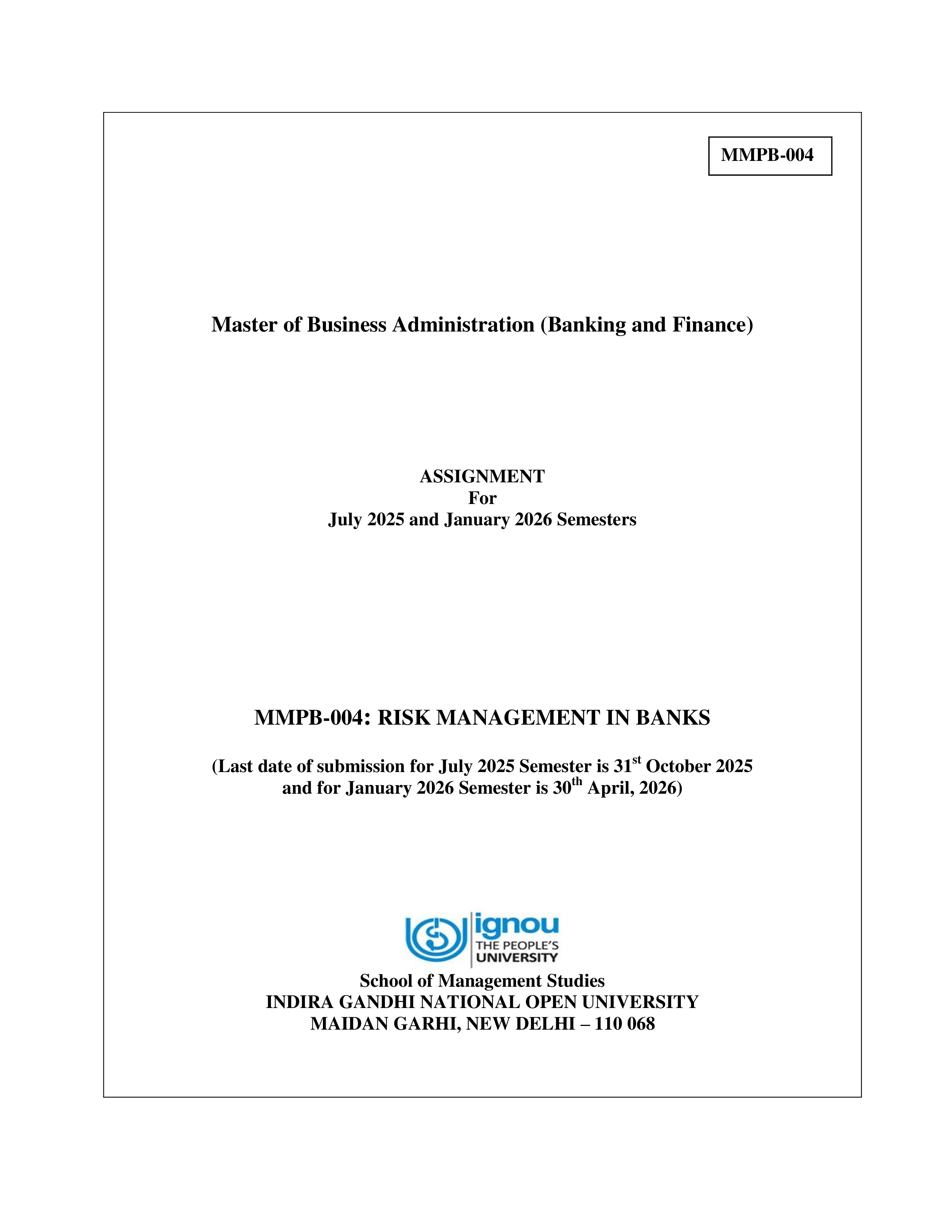 IGNOU MMPB 004 Solved Assignment 2025-2026 – Risk Management in Banks (English) | IGNOU Students Portal