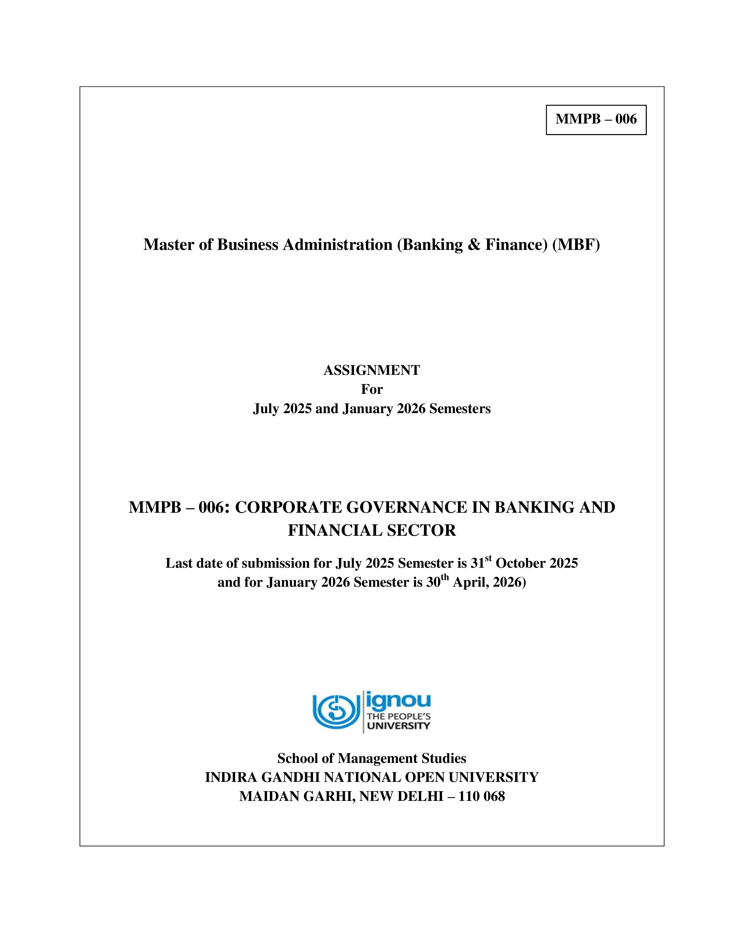 IGNOU MMPB 006 Solved Assignment 2025-2026 – Corporate Governance in Banking and Financial Sector (English) | IGNOU Students Portal