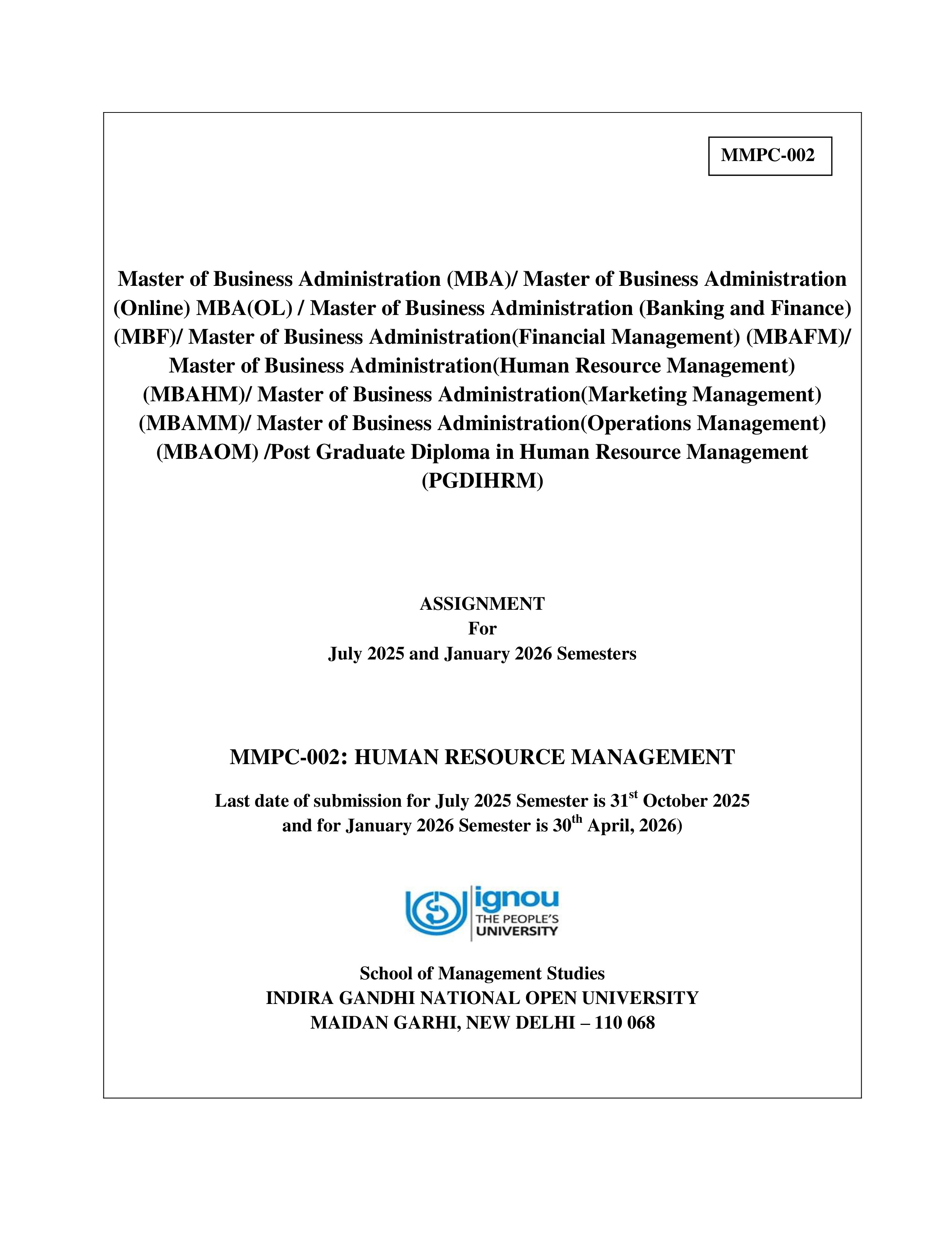 IGNOU MMPC 002 Solved Assignment 2025-2026 – Human Resource Management (English) | IGNOU Students Portal
