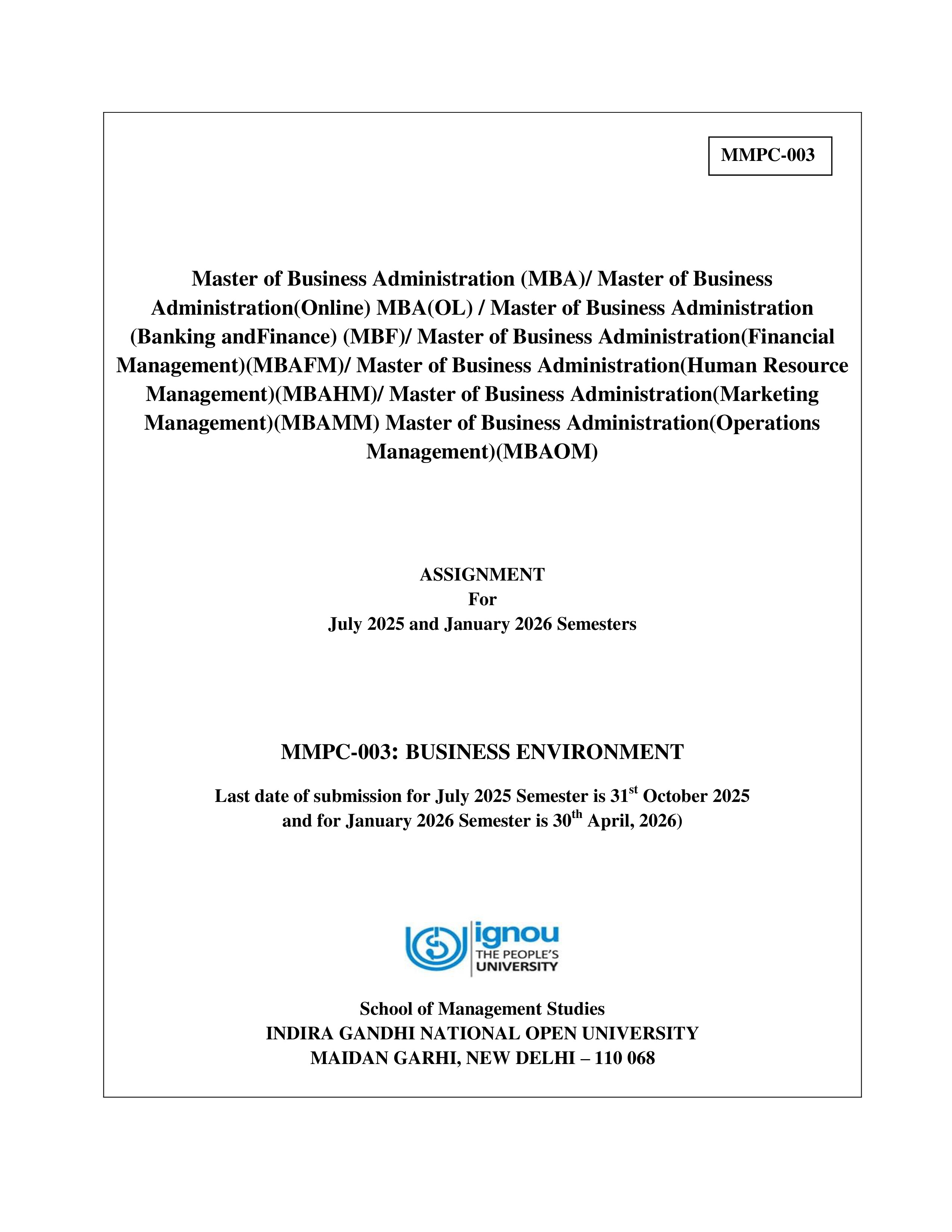 IGNOU MMPC 003 Solved Assignment 2025-2026 – Business Environment (English) | IGNOU Students Portal
