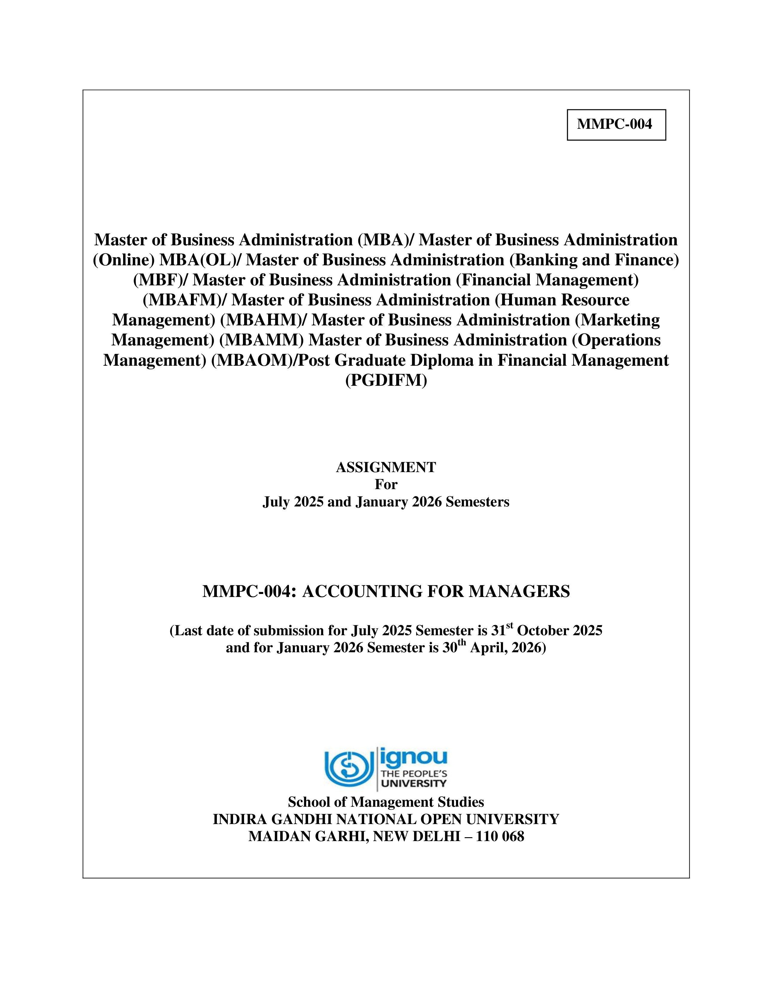 IGNOU MMPC 004 Solved Assignment 2025-2026 – Accounting For Managers (English) | IGNOU Students Portal