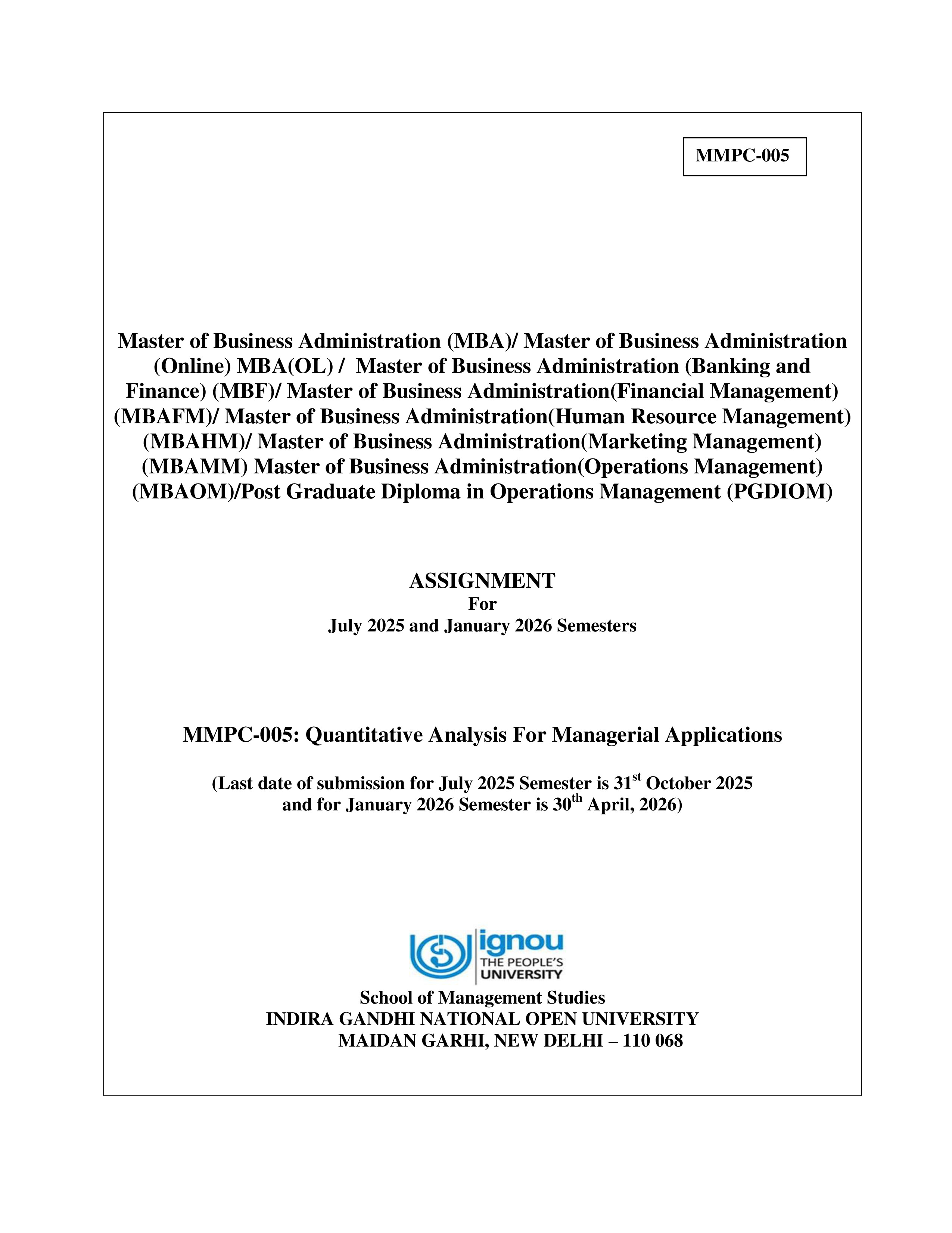 IGNOU MMPC 005 Solved Assignment 2025-2026 – Quantitative Analysis for managerial applications (English) | IGNOU Students Portal