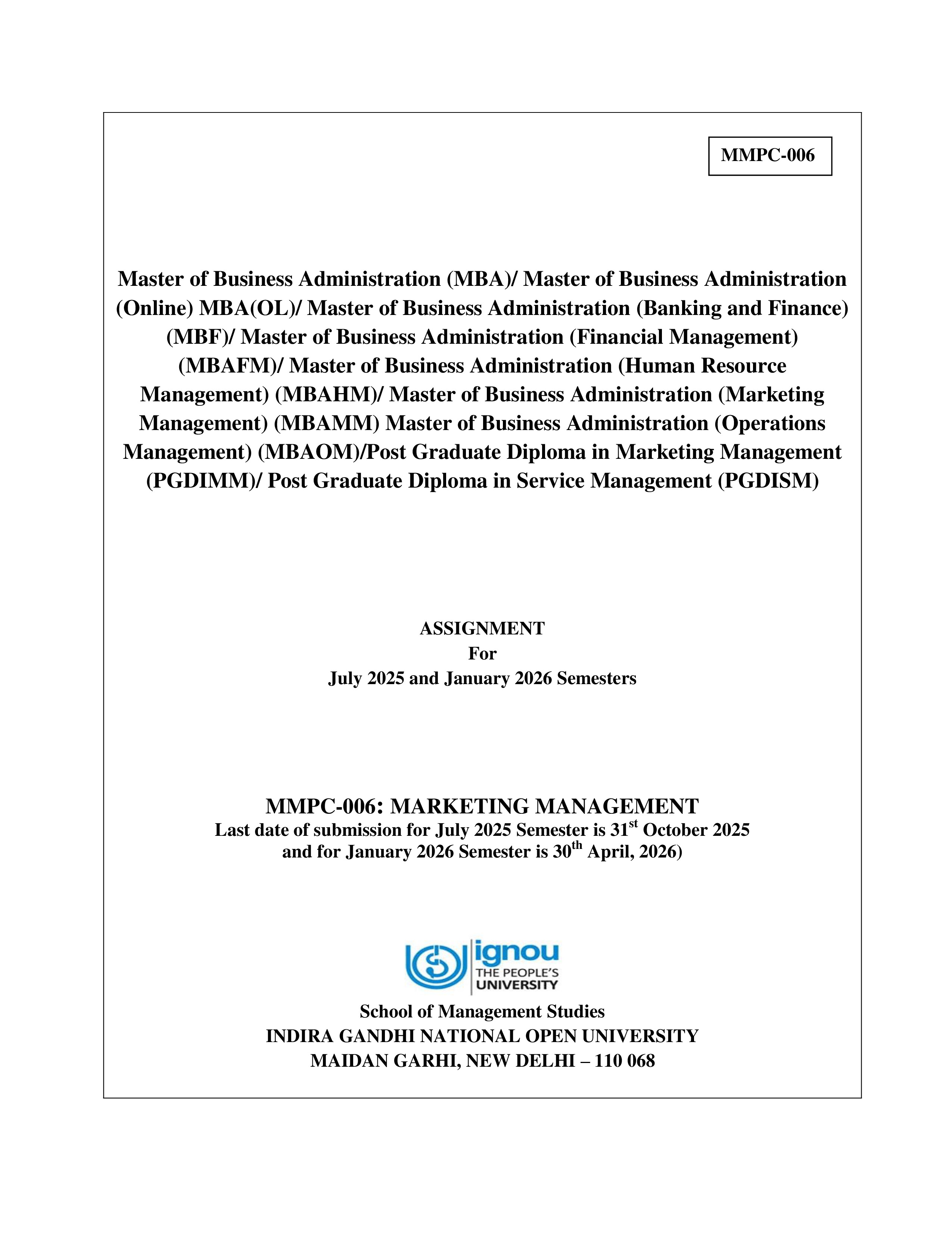IGNOU MMPC 006 Solved Assignment 2025-2026 – Marketing Management (English) | IGNOU Students Portal
