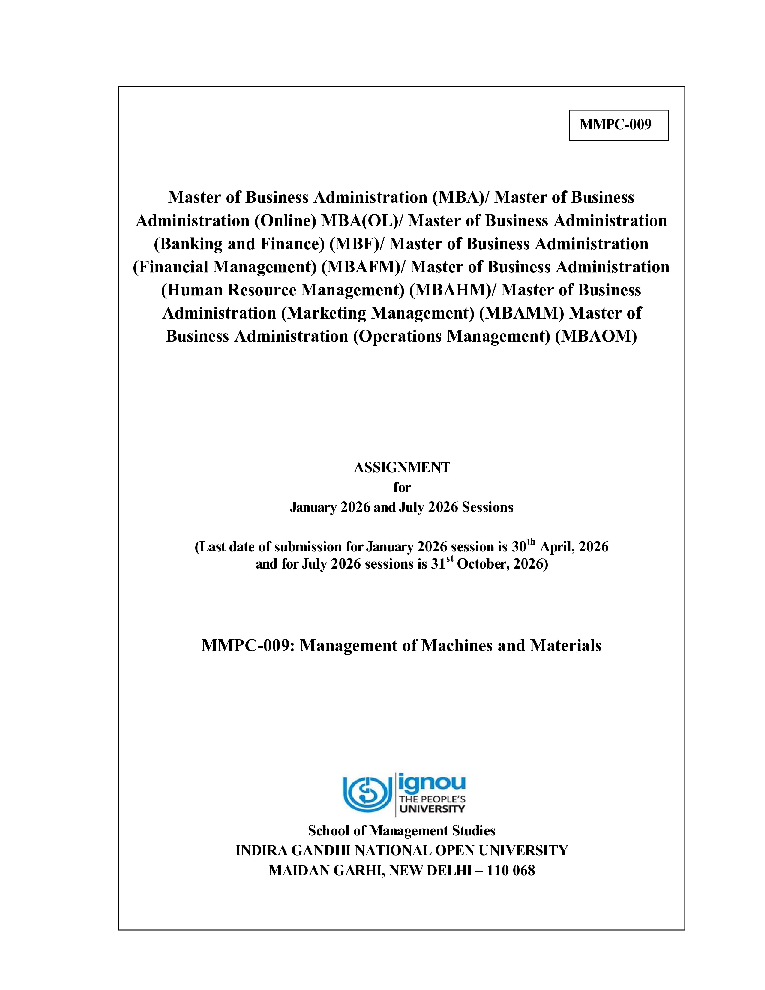 IGNOU MMPC 009 Solved Assignment 2026-26 – Management of Machines and Materials (English) | IGNOU Students Portal