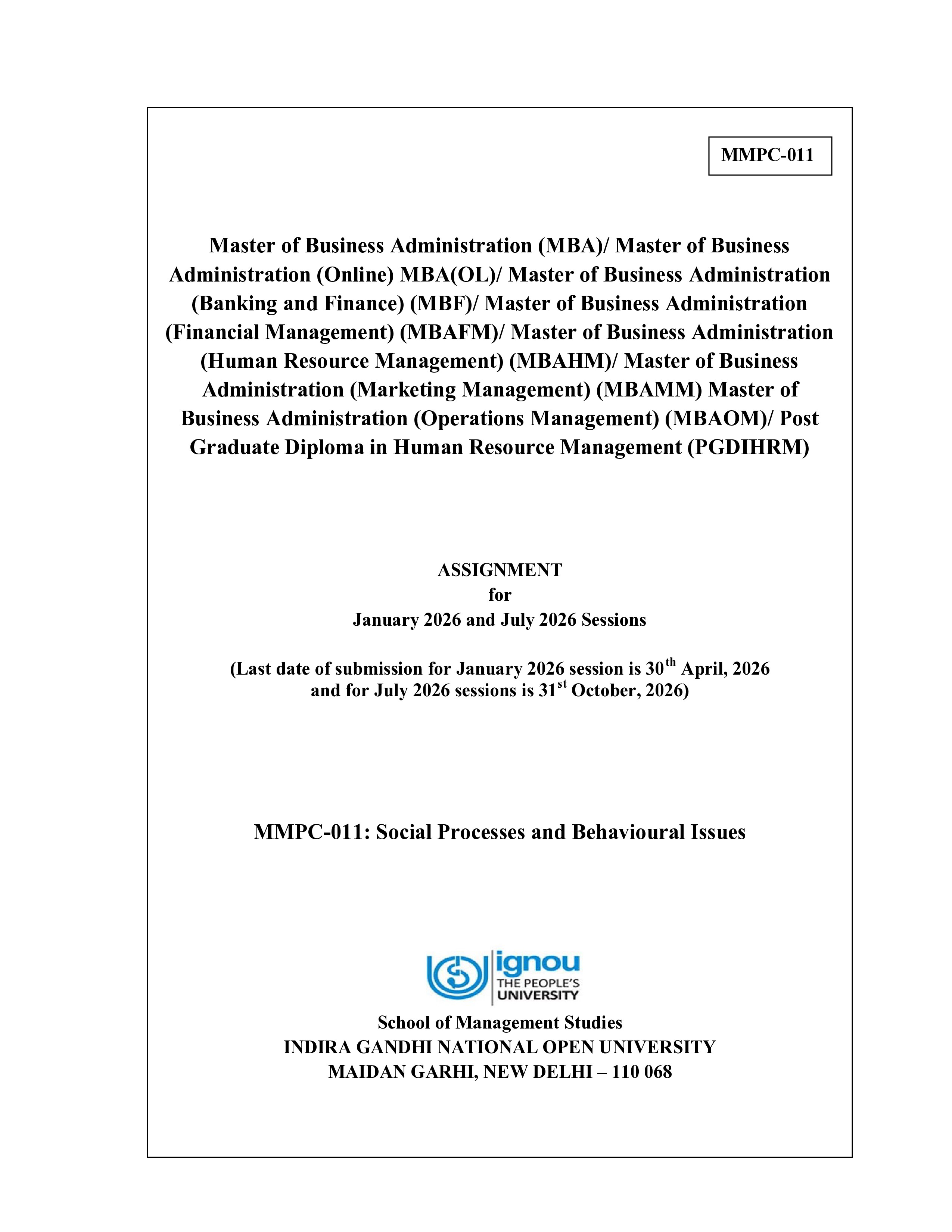 IGNOU MMPC 011 Solved Assignment 2026-26 – Social Processes and Behavioural Issues (English) | IGNOU Students Portal