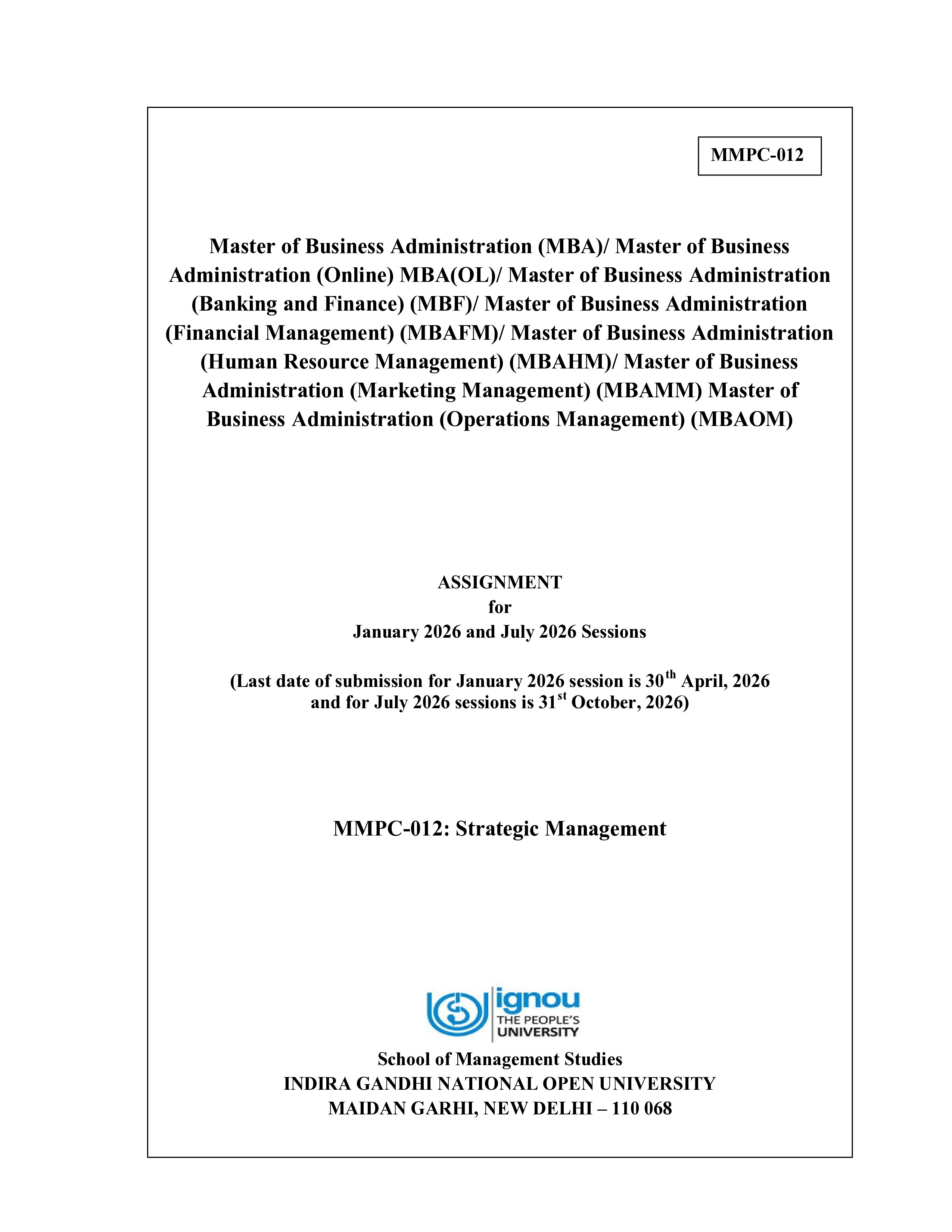 IGNOU MMPC 012 Solved Assignment 2026-26 – Strategic Management (English) | IGNOU Students Portal