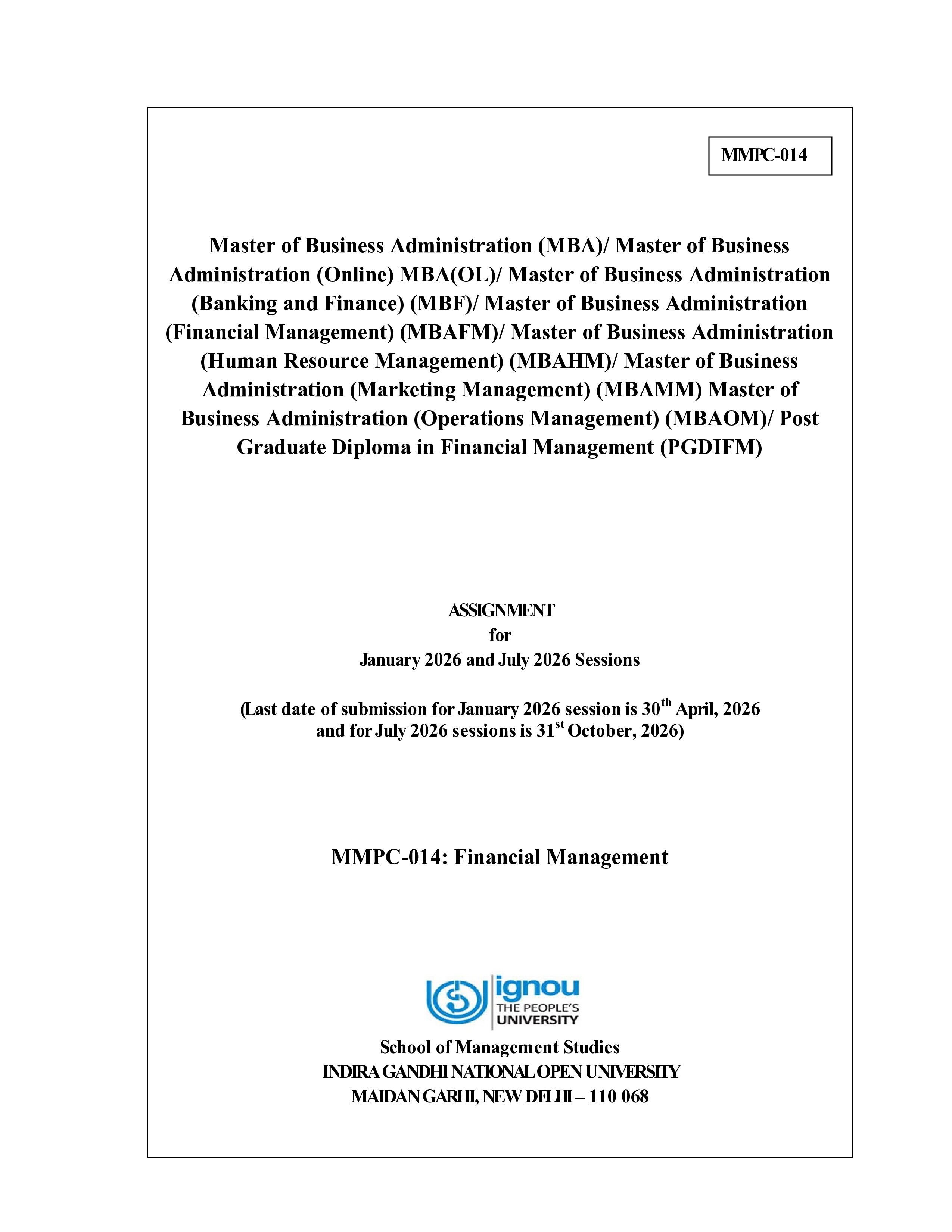 IGNOU MMPC 014 Solved Assignment 2026-26 – Financial Management (English) | IGNOU Students Portal