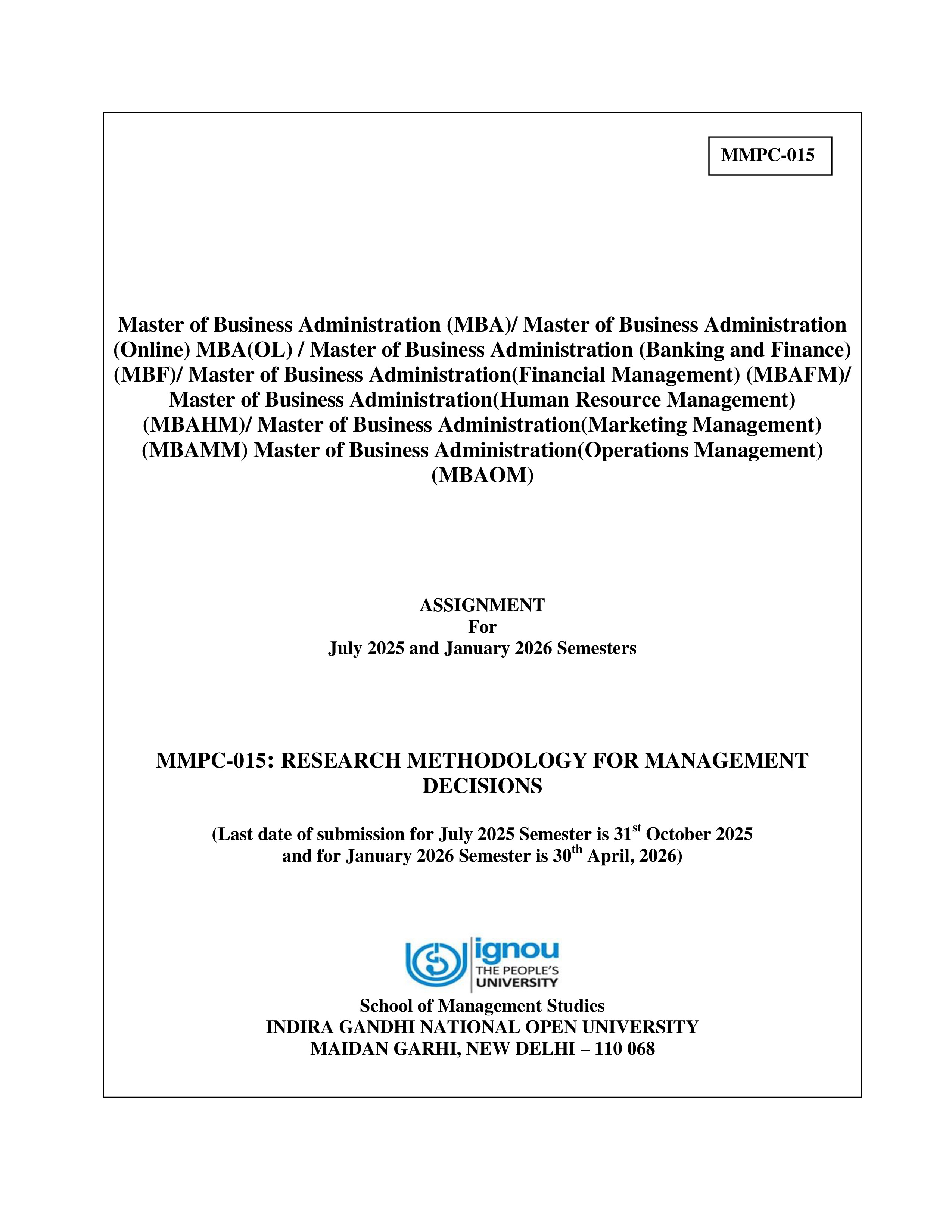 IGNOU MMPC 015 Solved Assignment 2025-2026 – Research Methodology for Management Decisions (English) | IGNOU Students Portal