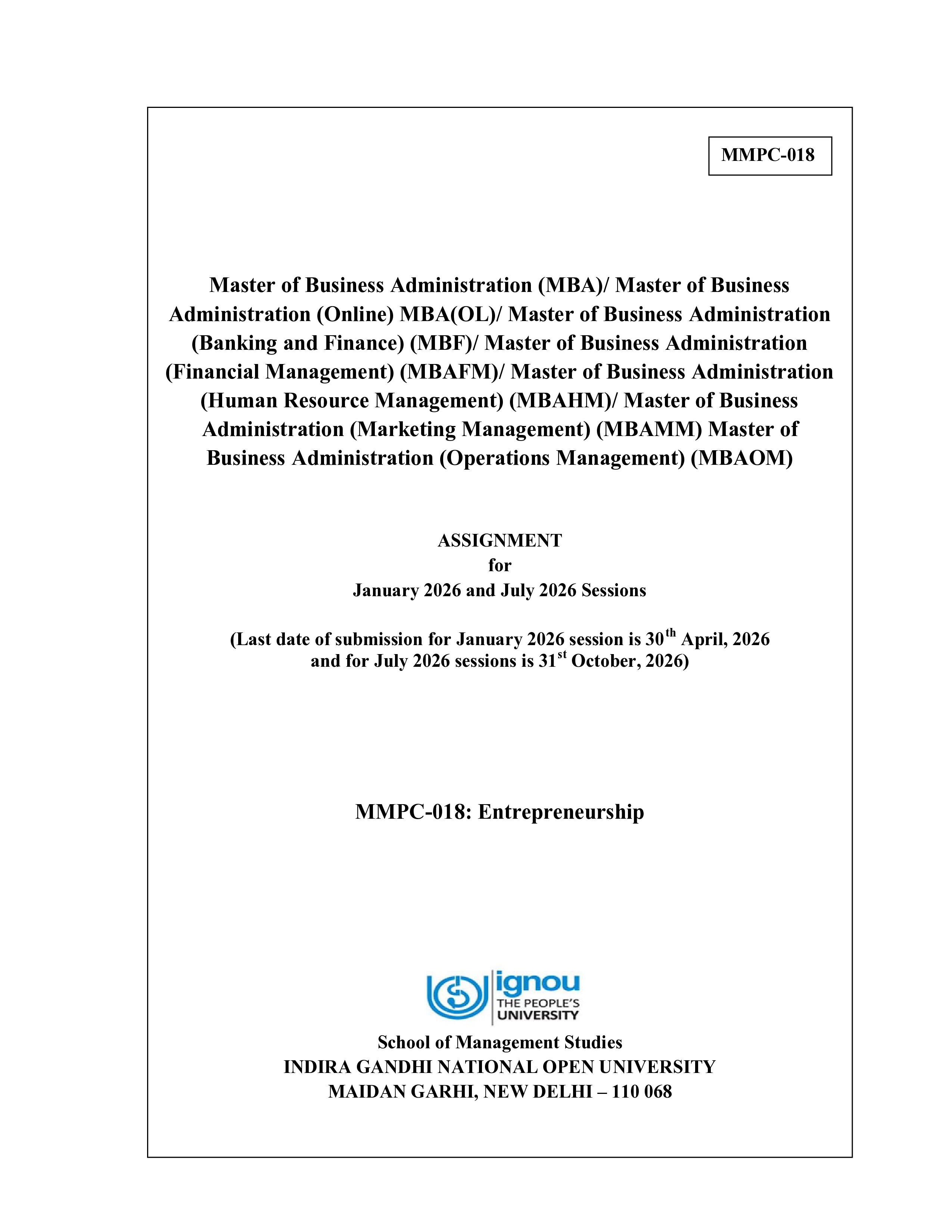 IGNOU MMPC 018 Solved Assignment 2026-26 – Entrepreneurship (English) | IGNOU Students Portal