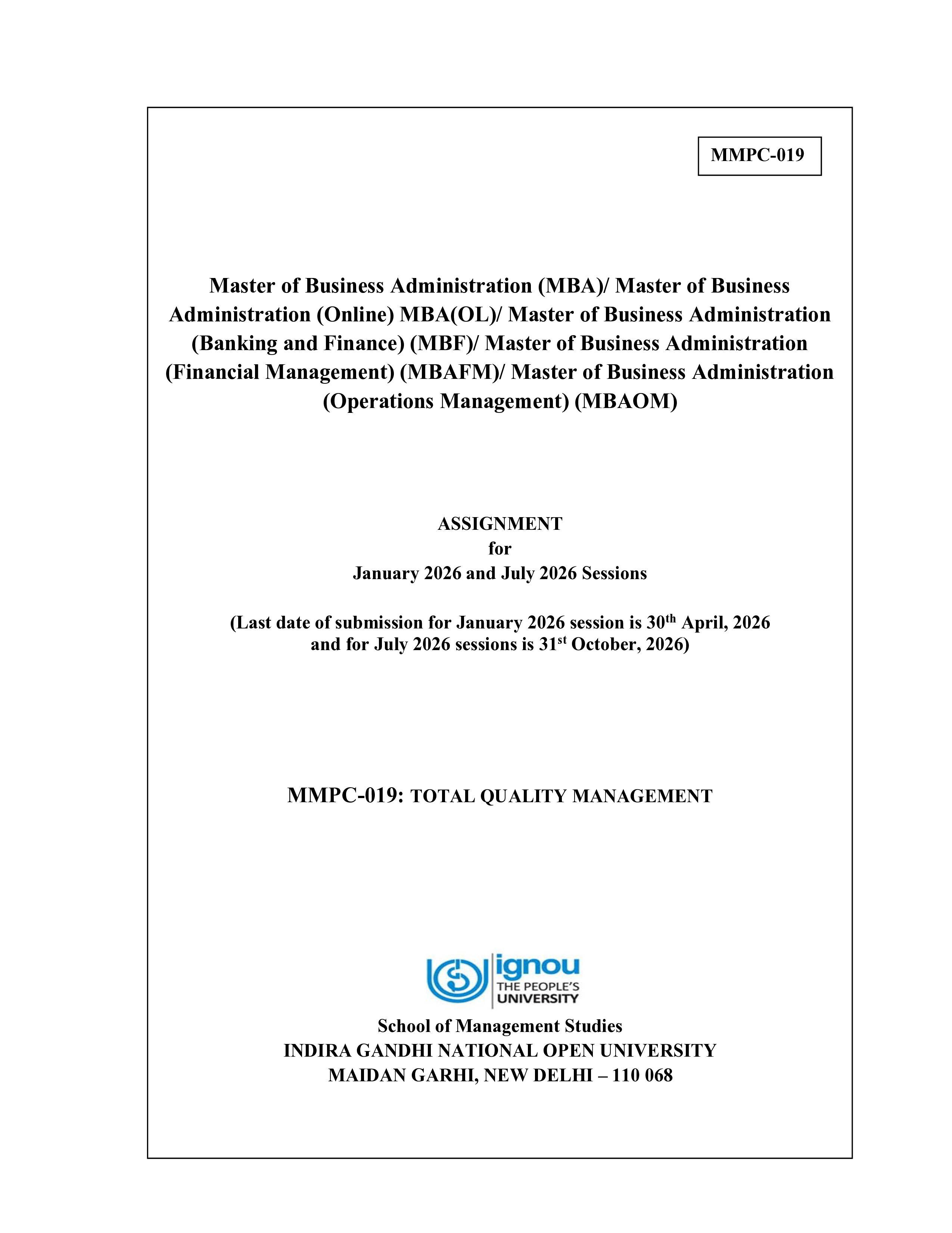 IGNOU MMPC 019 Solved Assignment 2026-26 – Total Quality Management (English) | IGNOU Students Portal