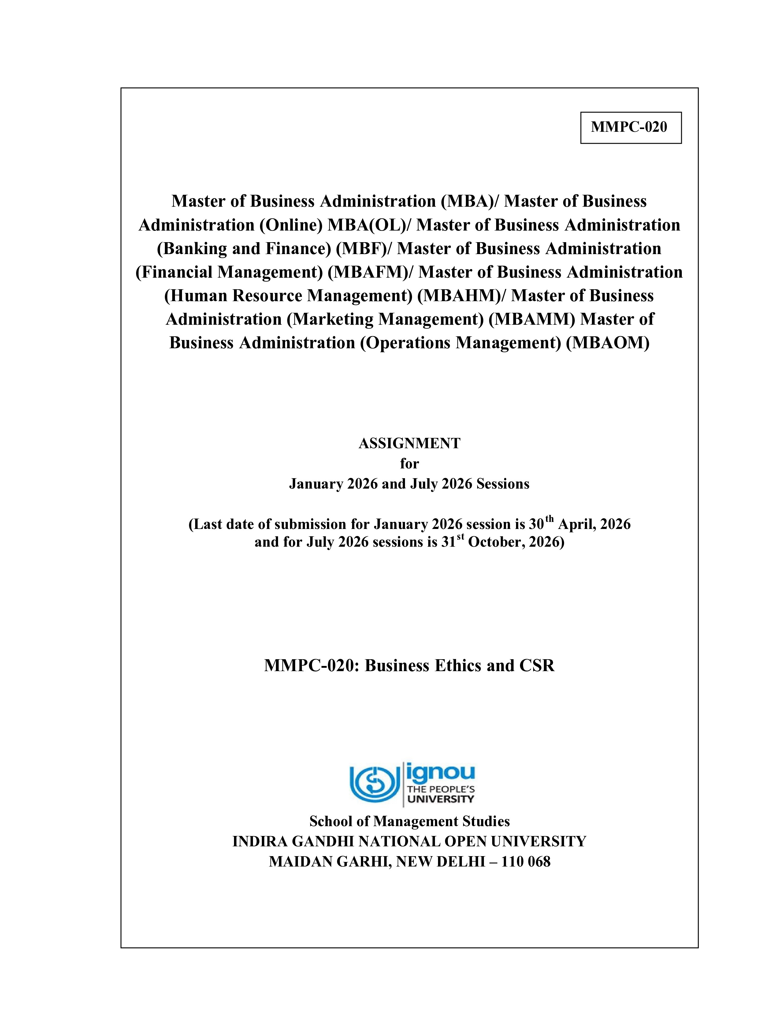 IGNOU MMPC 020 Solved Assignment 2026-26 – Business Ethics and CSR (English) | IGNOU Students Portal