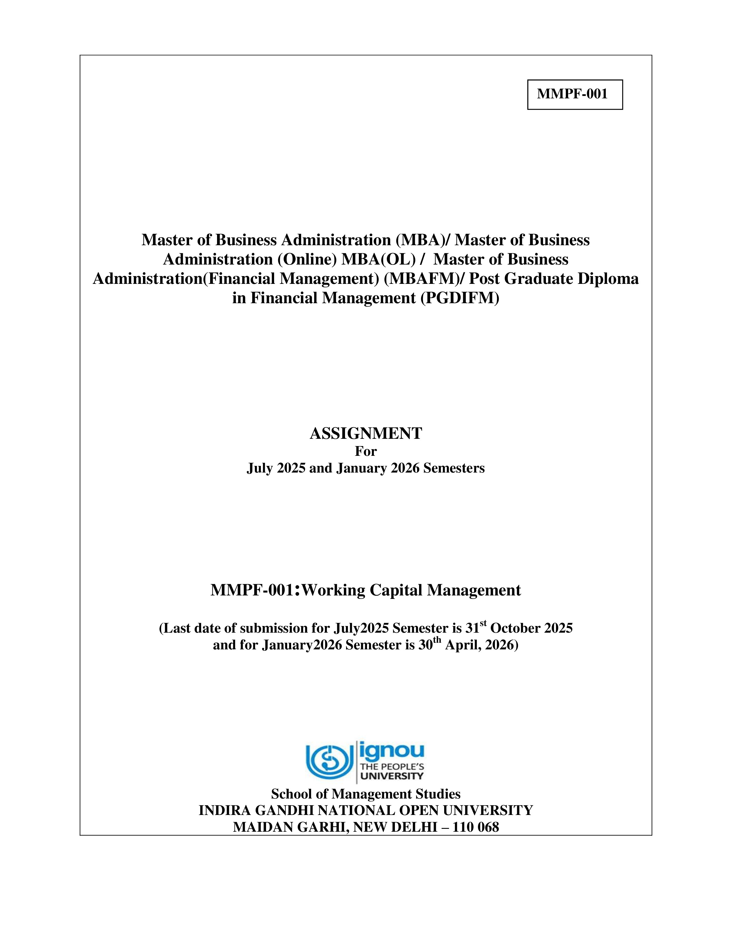 IGNOU MMPF 001 Solved Assignment 2025-2026 – Working Capital Management (English) | IGNOU Students Portal