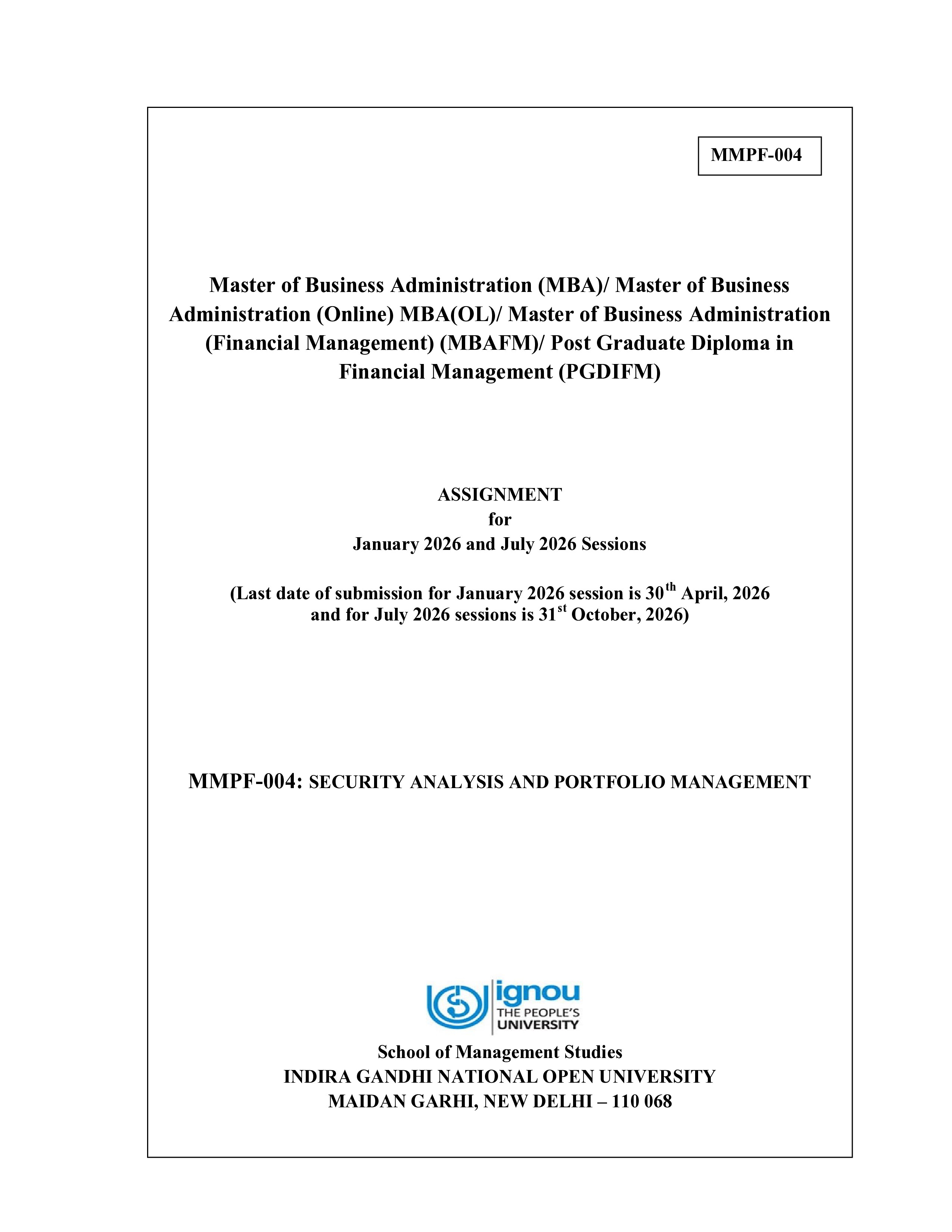 IGNOU MMPF 004 Solved Assignment 2026-26 – Security Analysis and Portfolio Management (English) | IGNOU Students Portal