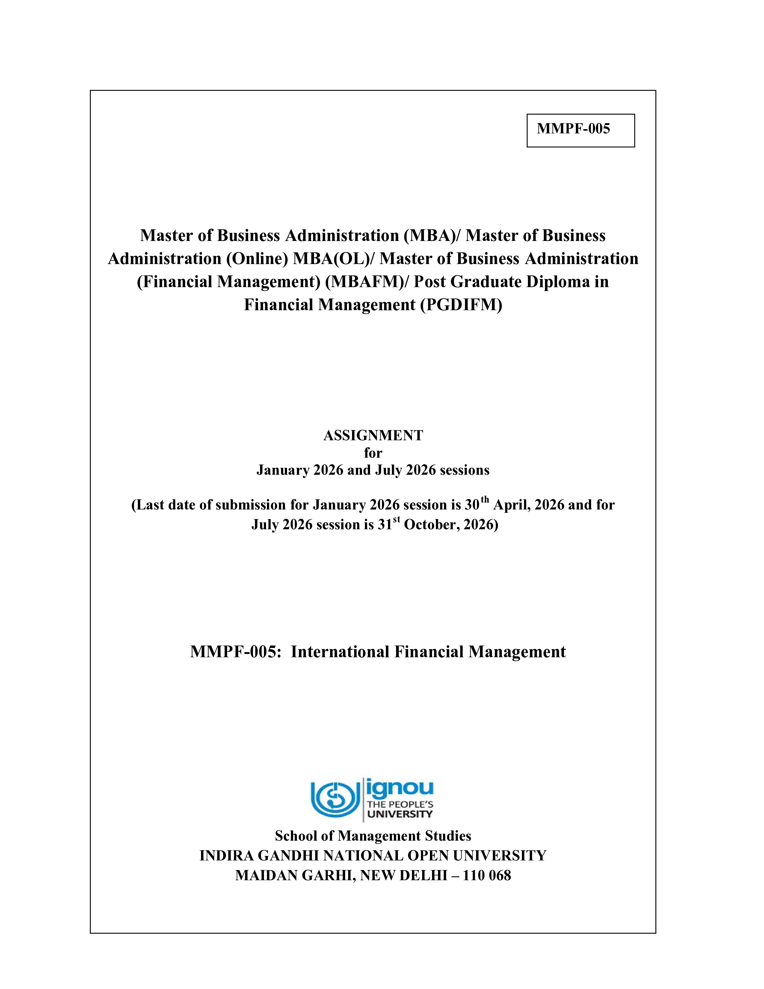 IGNOU MMPF 005 Solved Assignment 2026-26 – International Financial Management (English) | IGNOU Students Portal