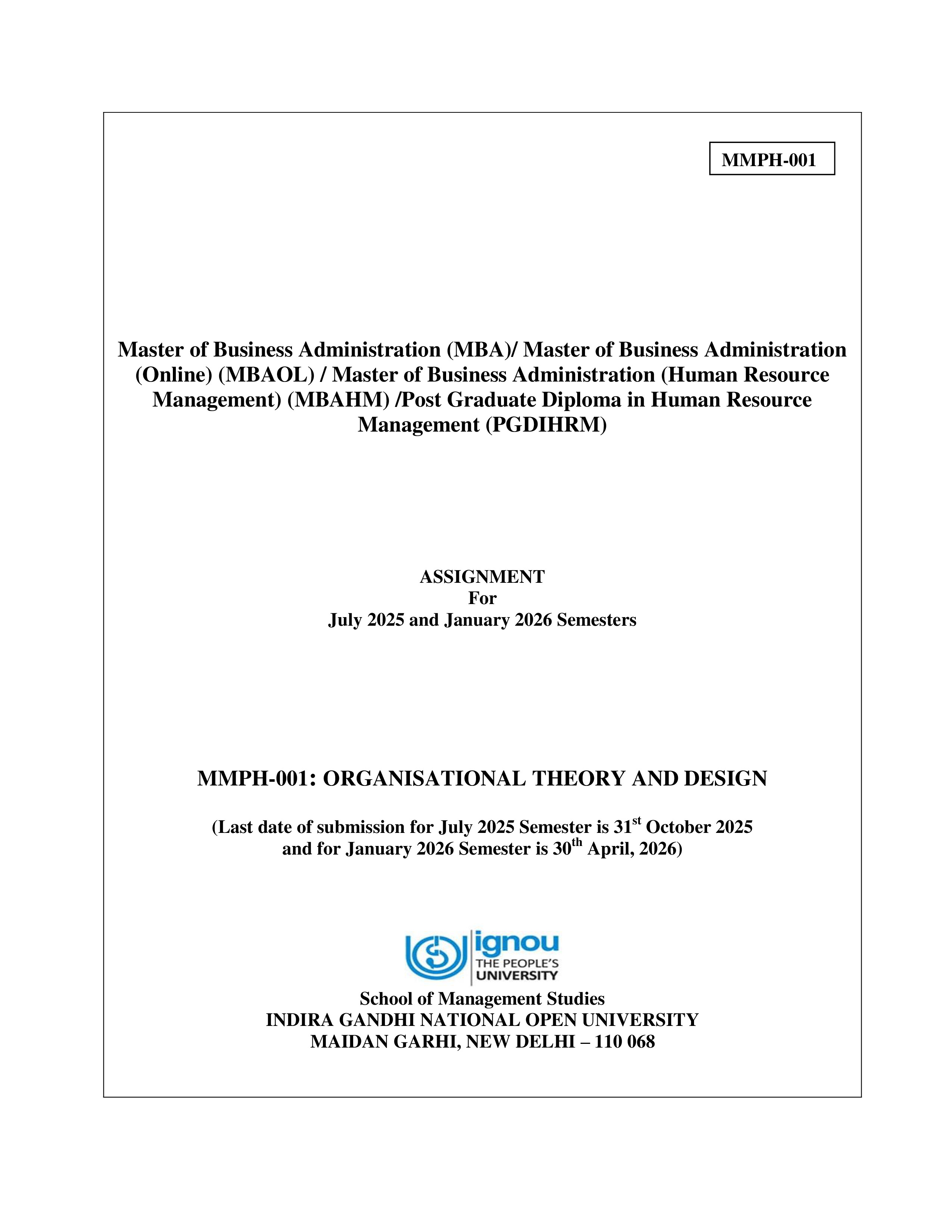IGNOU MMPH 001 Solved Assignment 2025-2026 – Organisational Theory and Design (English) | IGNOU Students Portal