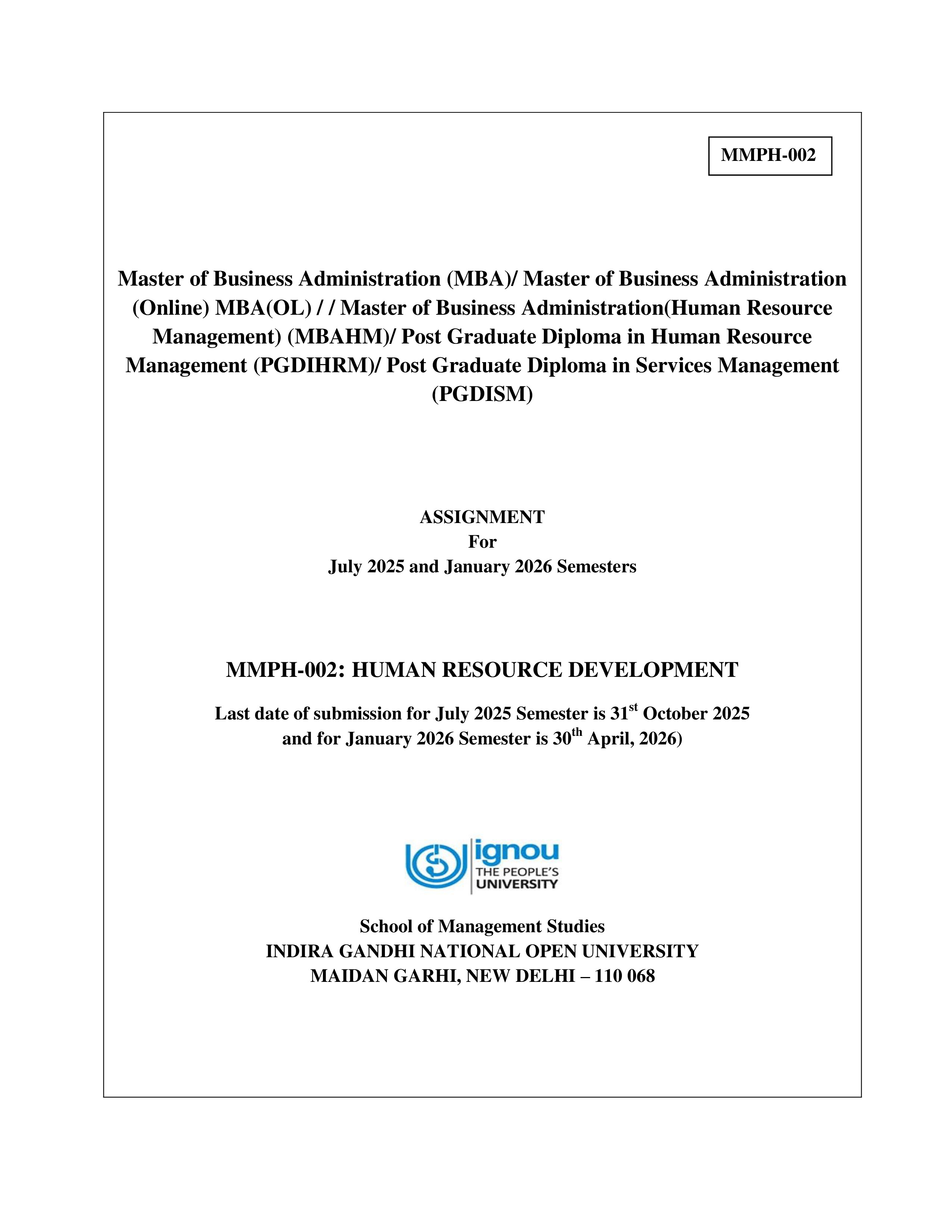 IGNOU MMPH 002 Solved Assignment 2025-2026 – Human Resource Development (English) | IGNOU Students Portal