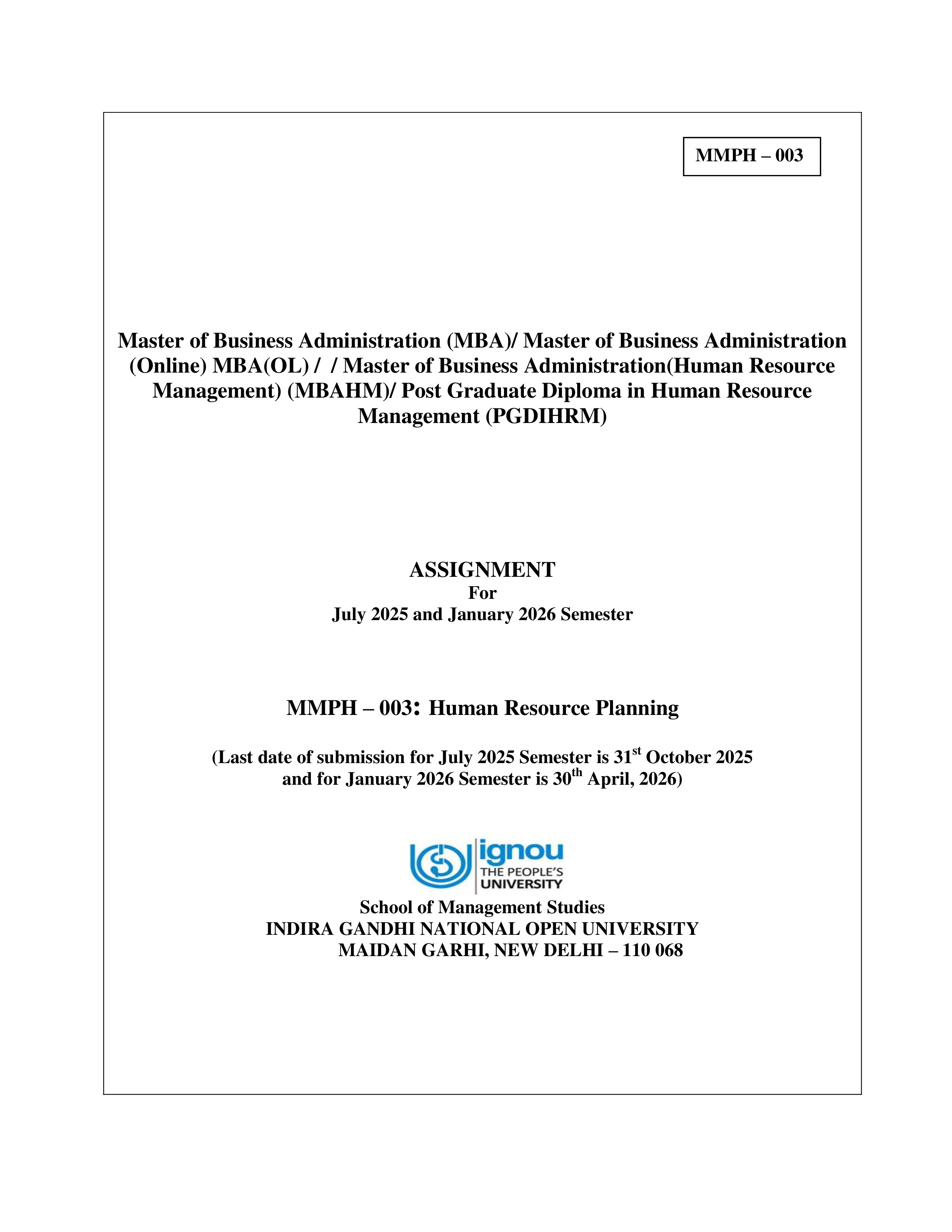 IGNOU MMPH 003 Solved Assignment 2025-2026 – Human Resource Planning (English) | IGNOU Students Portal
