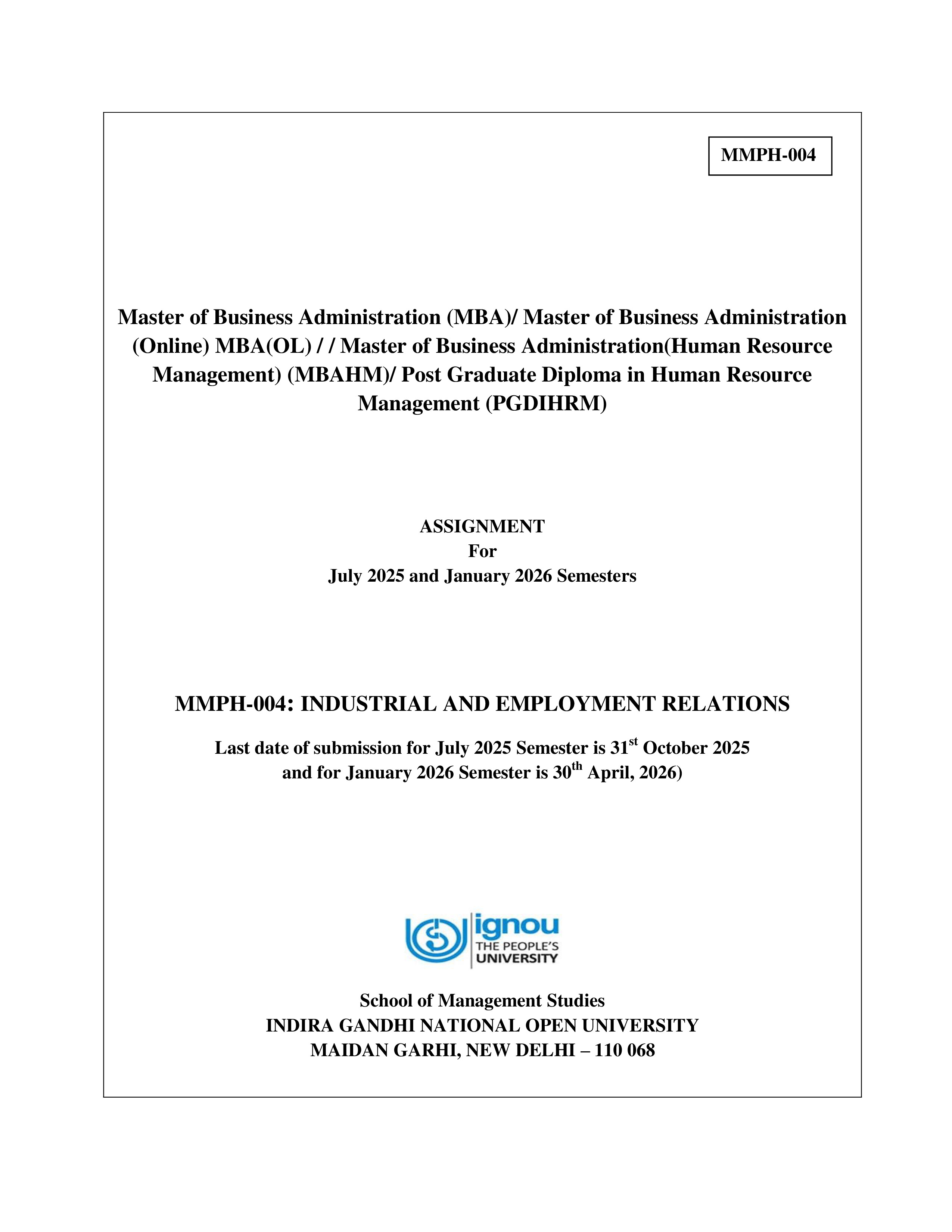 IGNOU MMPH 004 Solved Assignment 2025-2026 – Industrial and Employment Relations (English) | IGNOU Students Portal