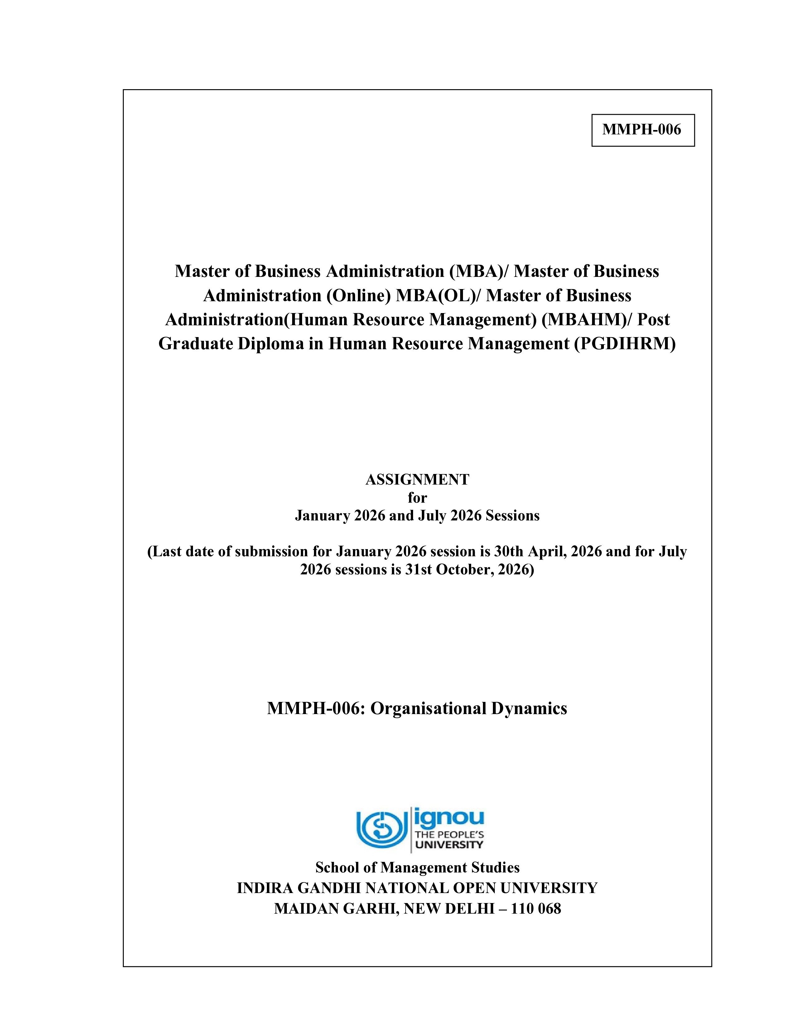 IGNOU MMPH 006 Solved Assignment 2026-26 – Organisational Dynamics (English) | IGNOU Students Portal