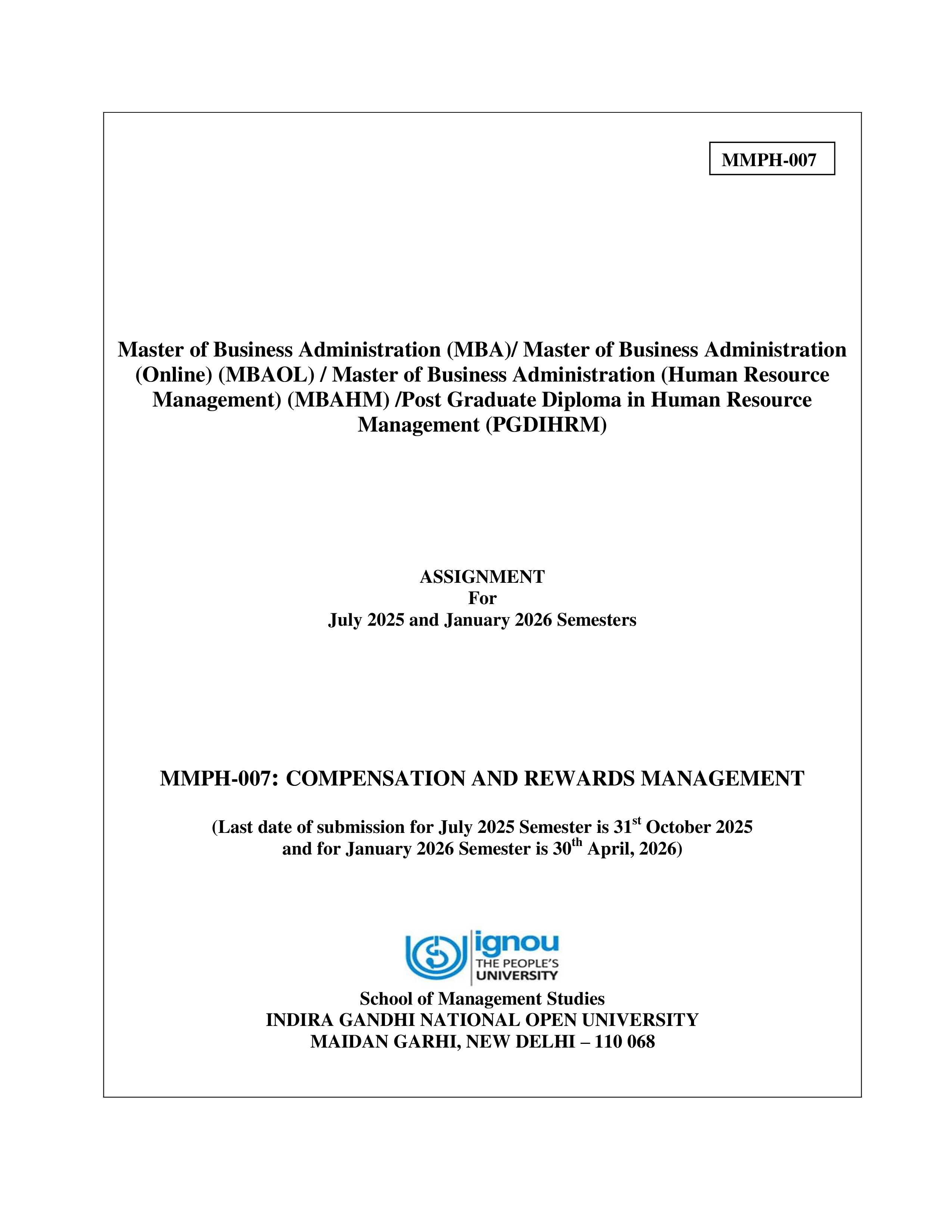IGNOU MMPH 007 Solved Assignment 2025-2026 – Compensation and Rewards Management (English) | IGNOU Students Portal