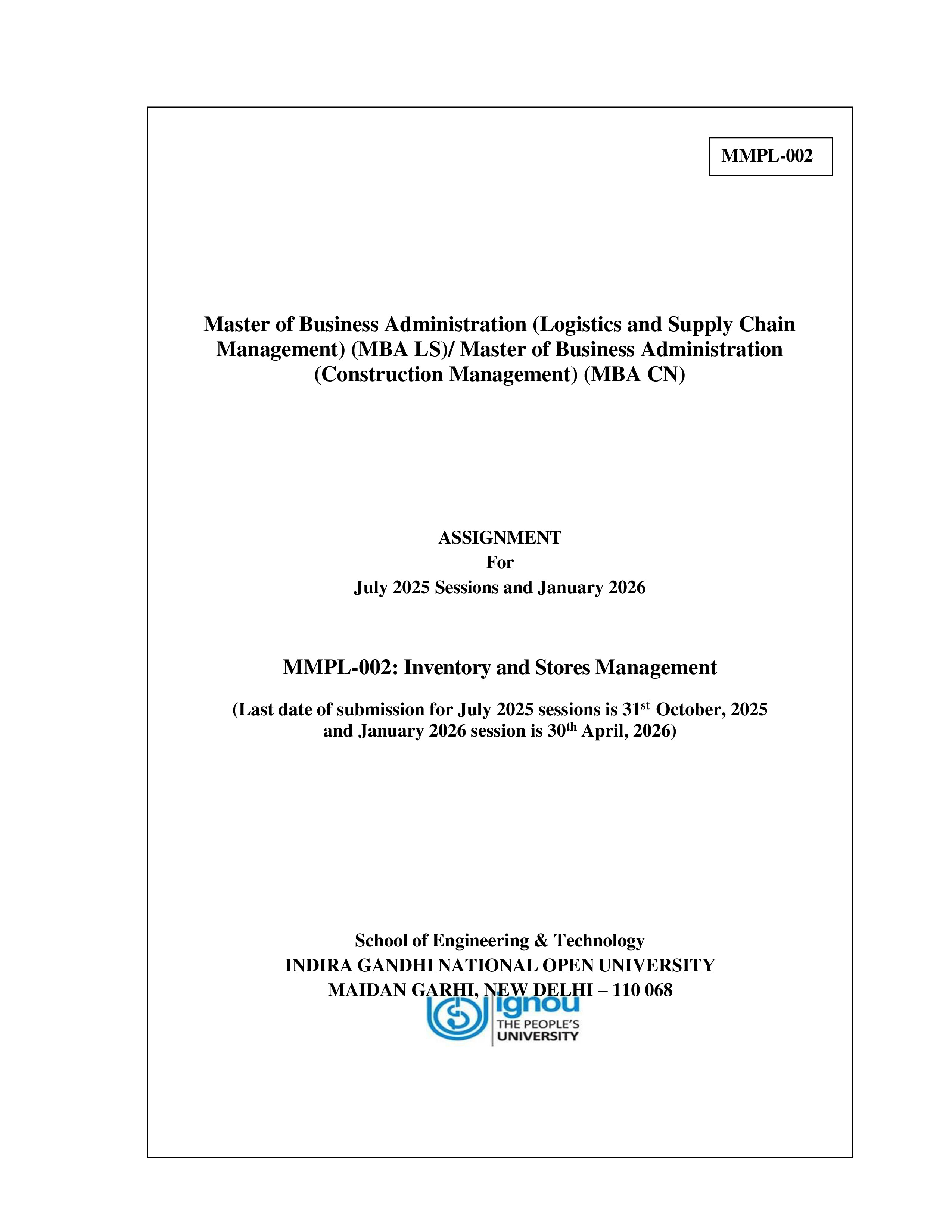 IGNOU MMPL 002 Solved Assignment 2025-2026 – Inventory and Store Management (English) | IGNOU Students Portal