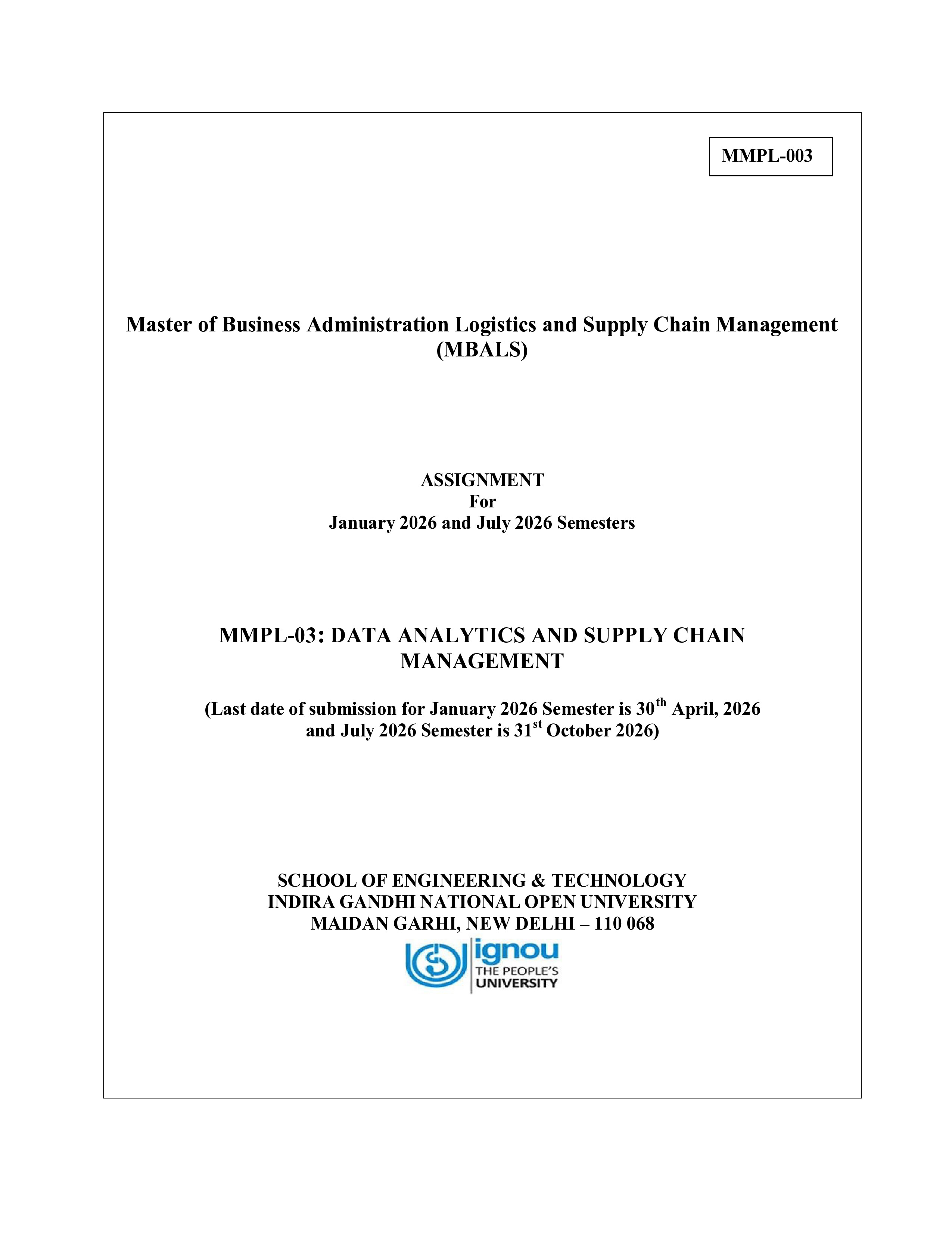 IGNOU MMPL 003 Solved Assignment 2025-2026 – Data Analytics and Supply Chain Management (English) | IGNOU Students Portal