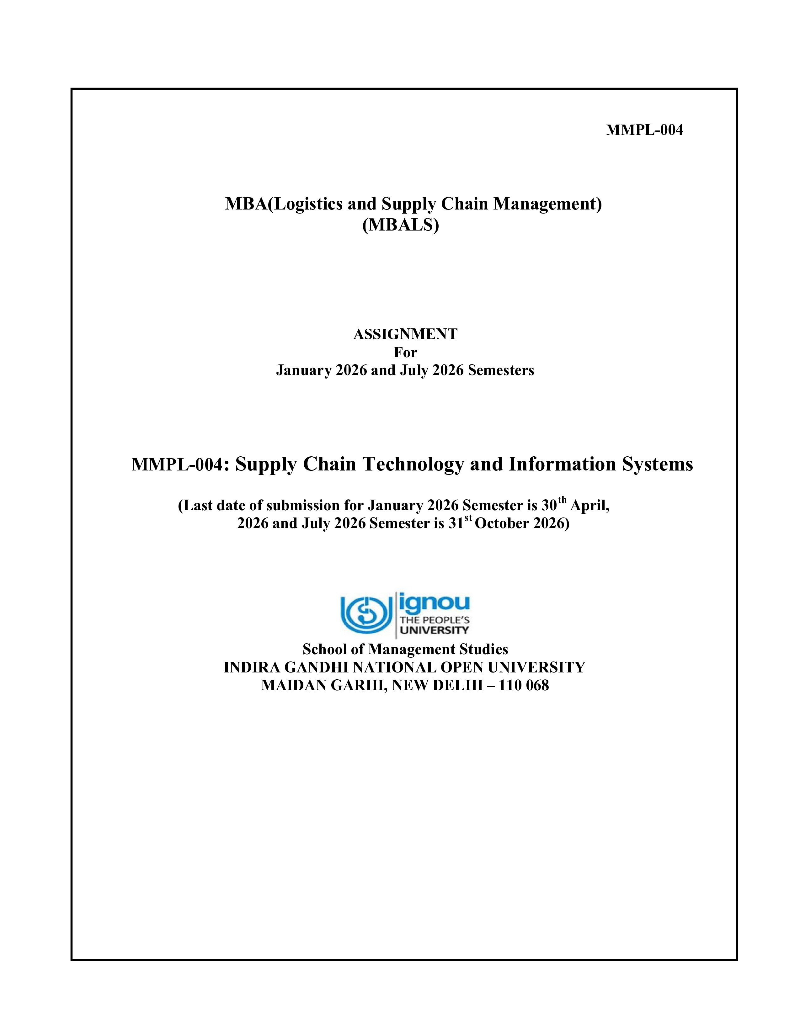 IGNOU MMPL 004 Solved Assignment 2025-2026 – Supply Chain Technology and Information Systems (English) | IGNOU Students Portal