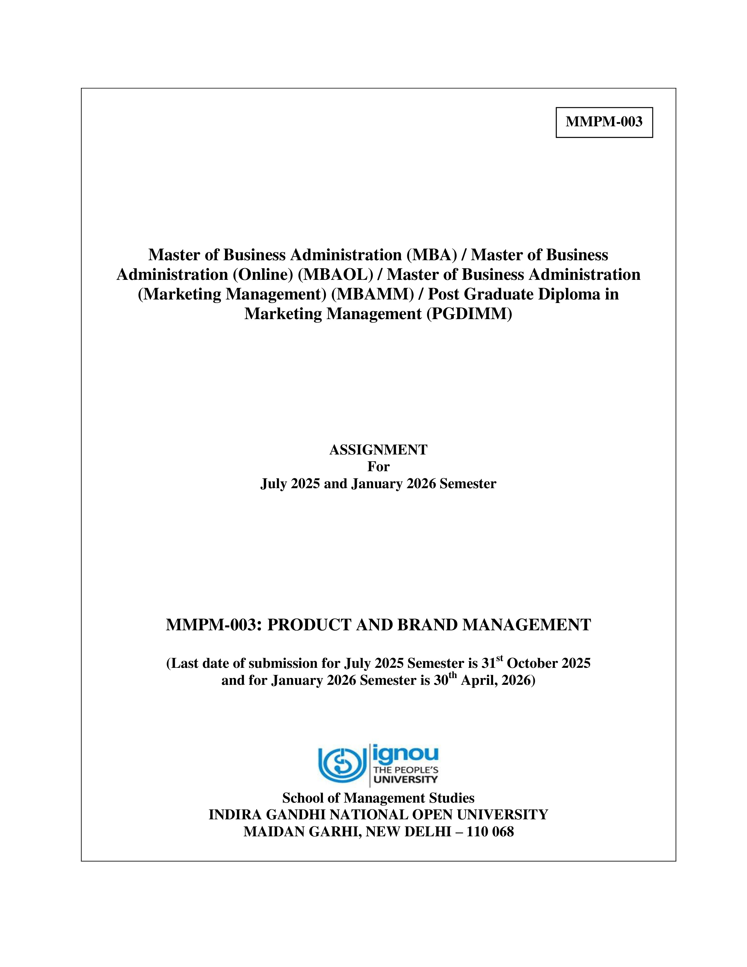 IGNOU MMPM 003 Solved Assignment 2025-2026 – Product and Brand Management (English) | IGNOU Students Portal