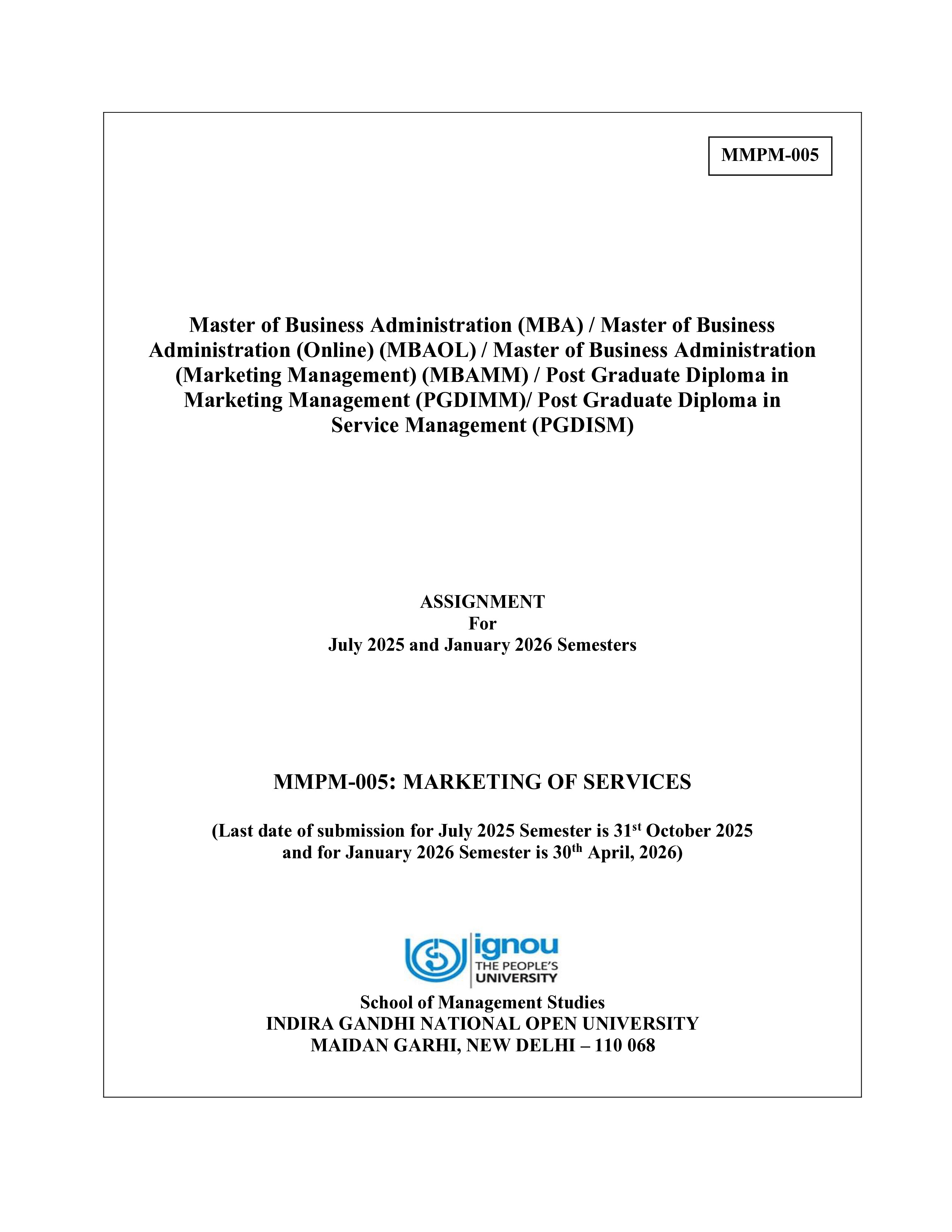 IGNOU MMPM 005 Solved Assignment 2025-2026 – Marketing of Services (English) | IGNOU Students Portal