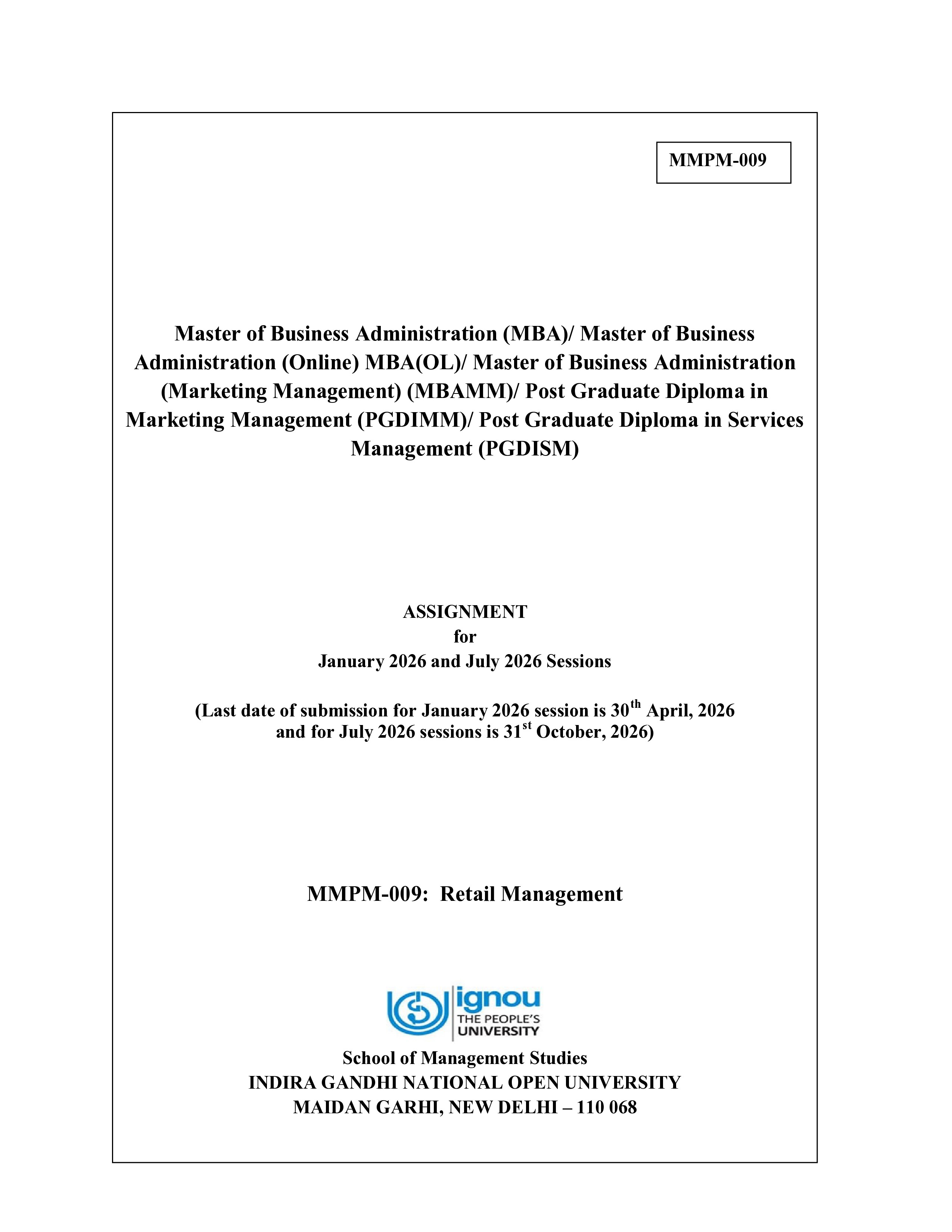 IGNOU MMPM 009 Solved Assignment 2026-26 – Retail Management (English) | IGNOU Students Portal