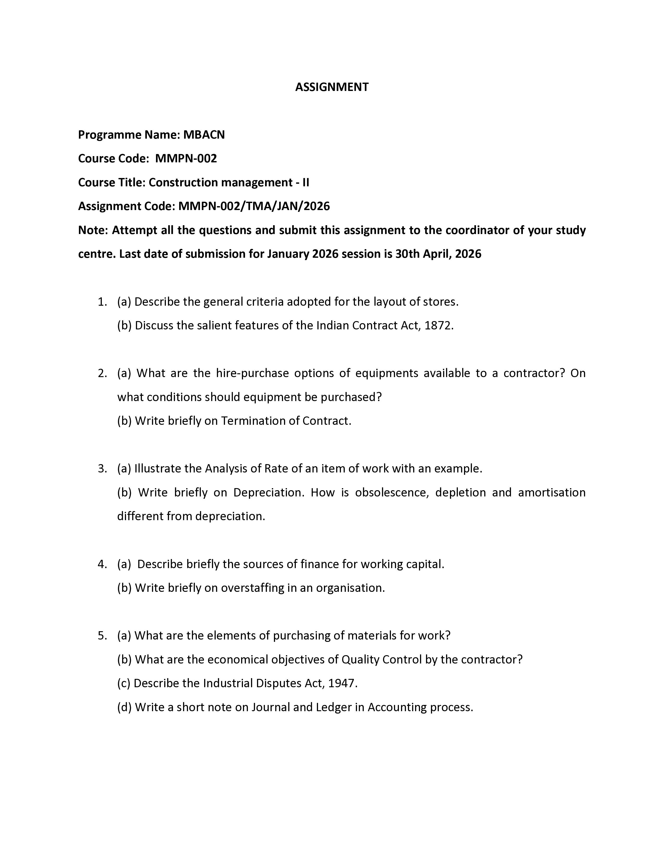 IGNOU MMPN 002 Solved Assignment 2026-26 – Construction Management - II (English) | IGNOU Students Portal