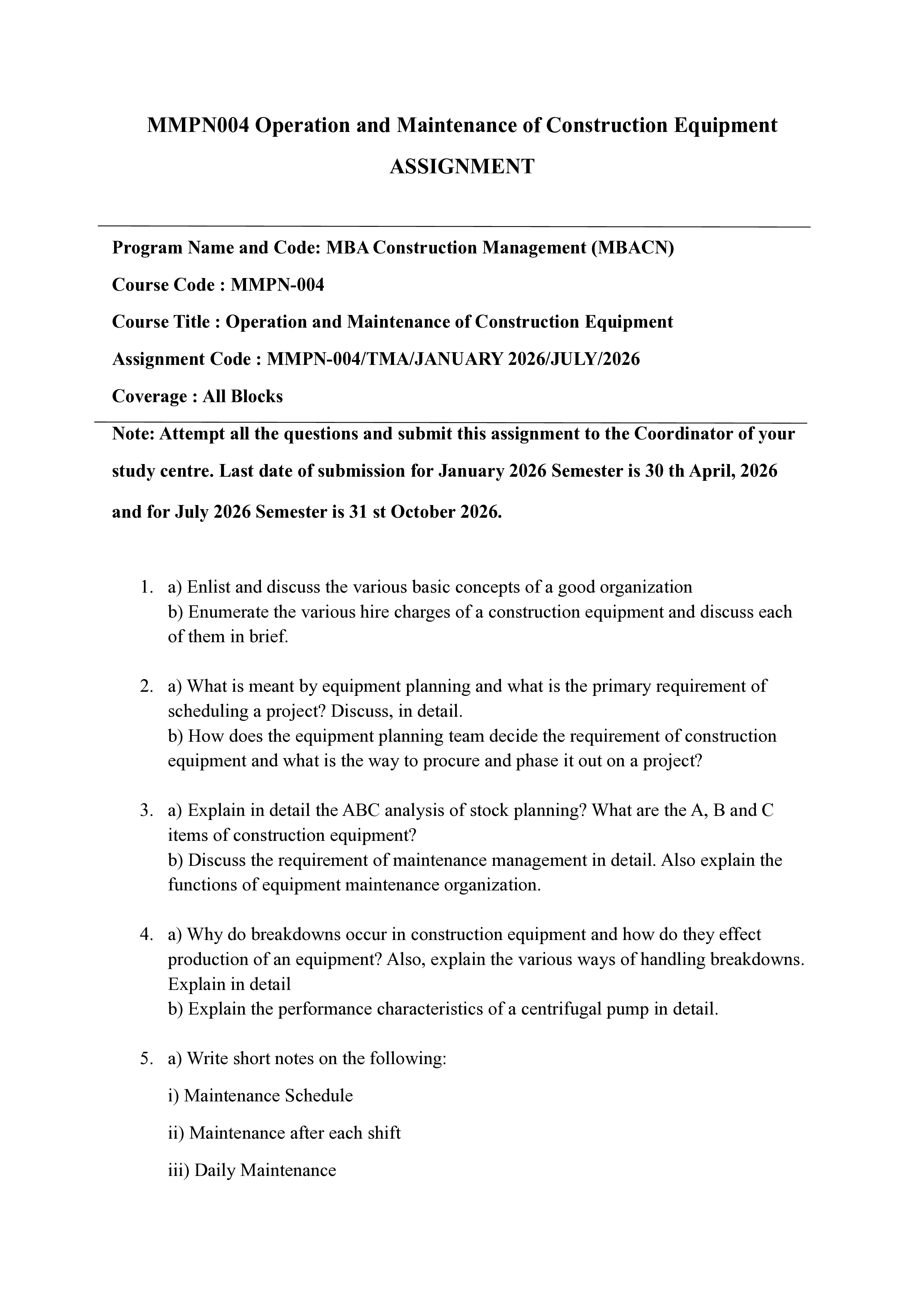 IGNOU MMPN 004 Solved Assignment 2026-26 – Operation and Maintenance of Construction Equipment (English) | IGNOU Students Portal