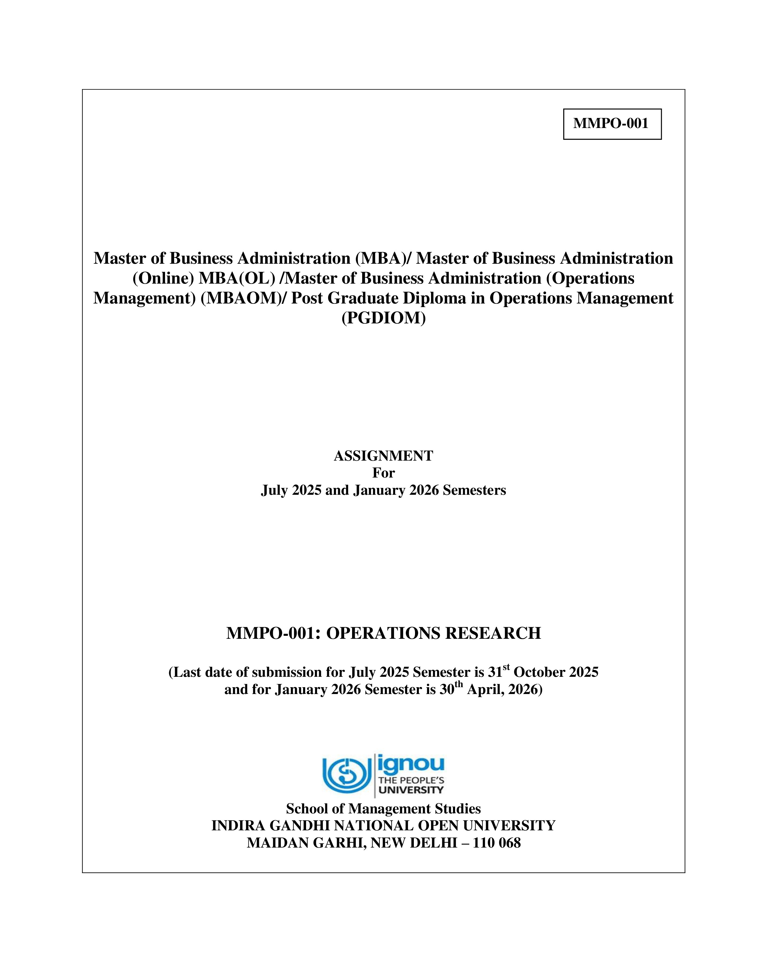 IGNOU MMPO 001 Solved Assignment 2025-2026 – Operations Research (English) | IGNOU Students Portal