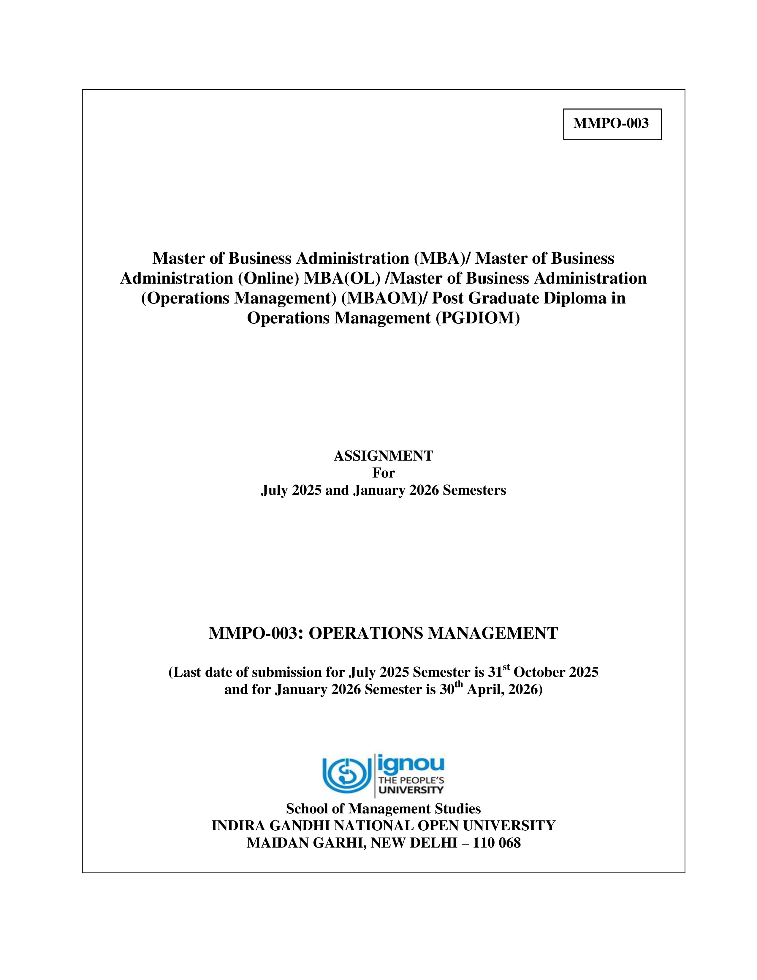IGNOU MMPO 003 Solved Assignment 2025-2026 – Operations Management (English) | IGNOU Students Portal