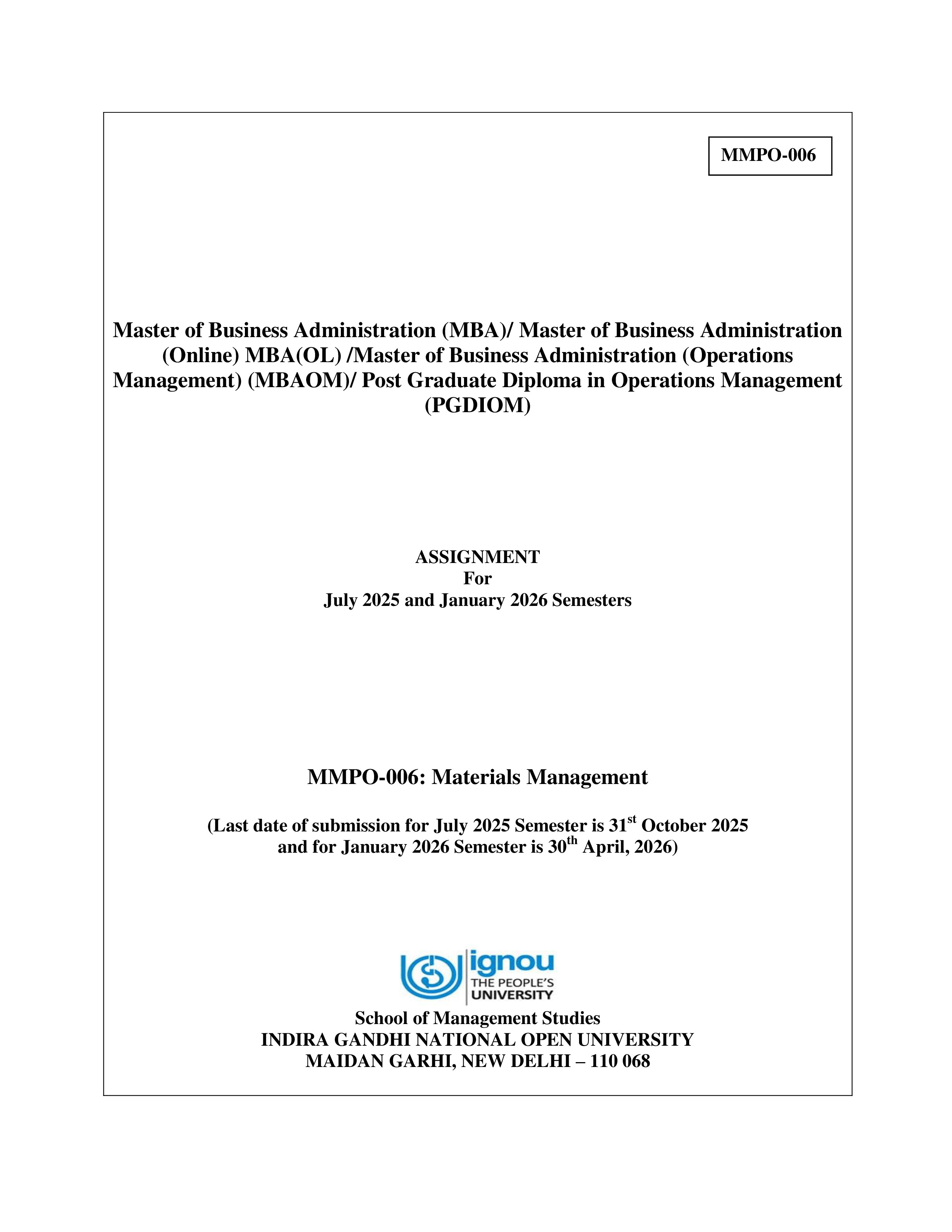 IGNOU MMPO 006 Solved Assignment 2025-2026 – Materials Management (English) | IGNOU Students Portal
