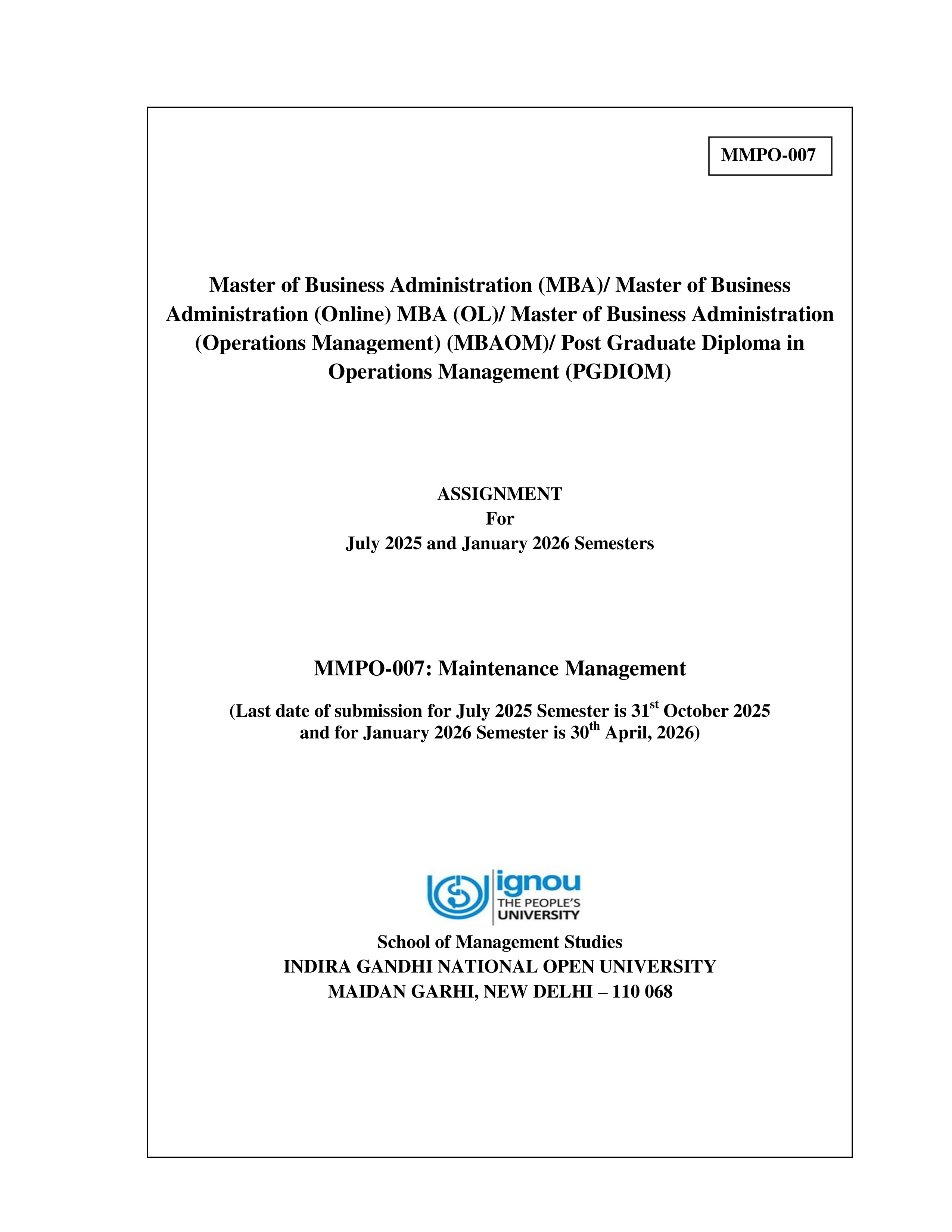 IGNOU MMPO 007 Solved Assignment 2025-2026 – Maintenance Management (English) | IGNOU Students Portal
