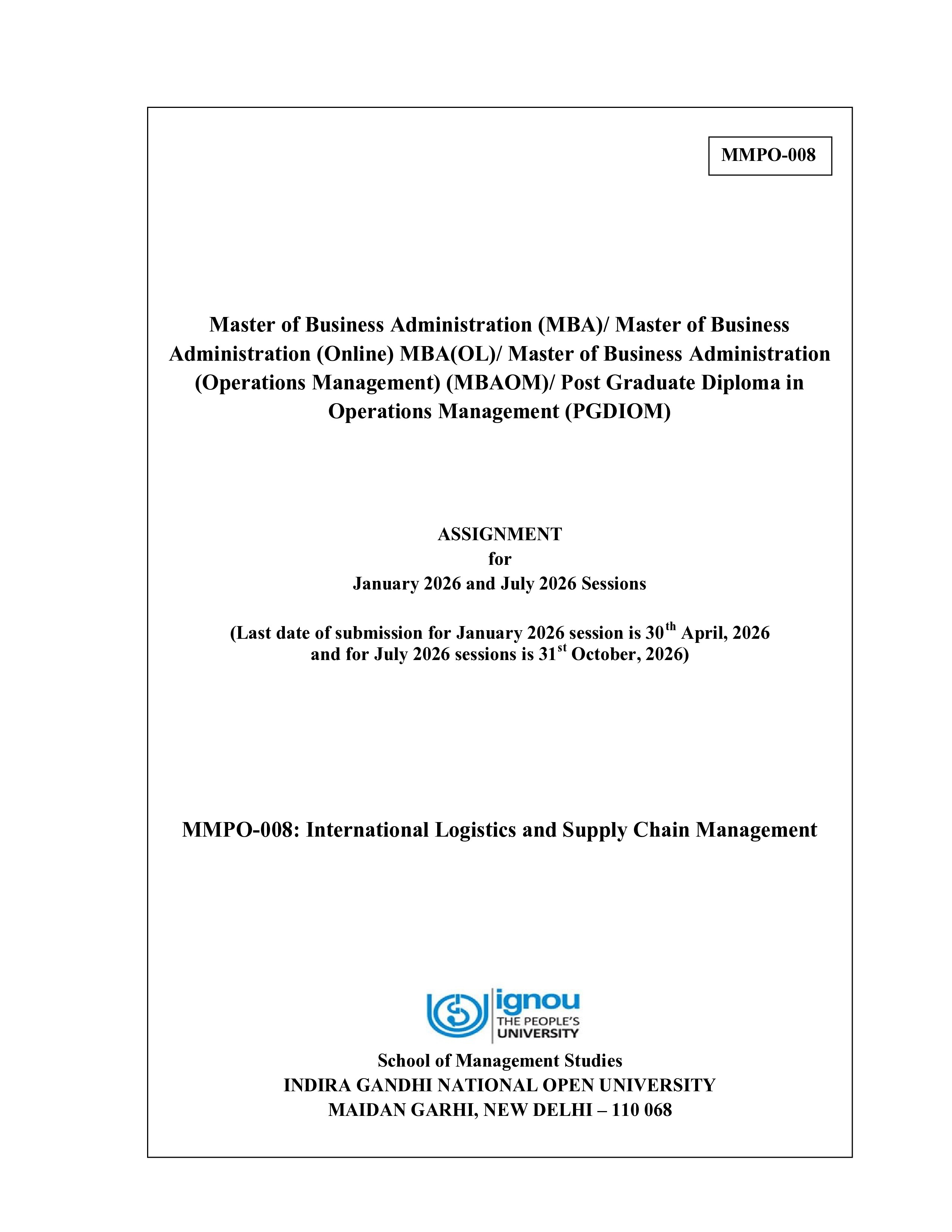 IGNOU MMPO 008 Solved Assignment 2026-26 – International Logistics and Supply Chain Management (English) | IGNOU Students Portal