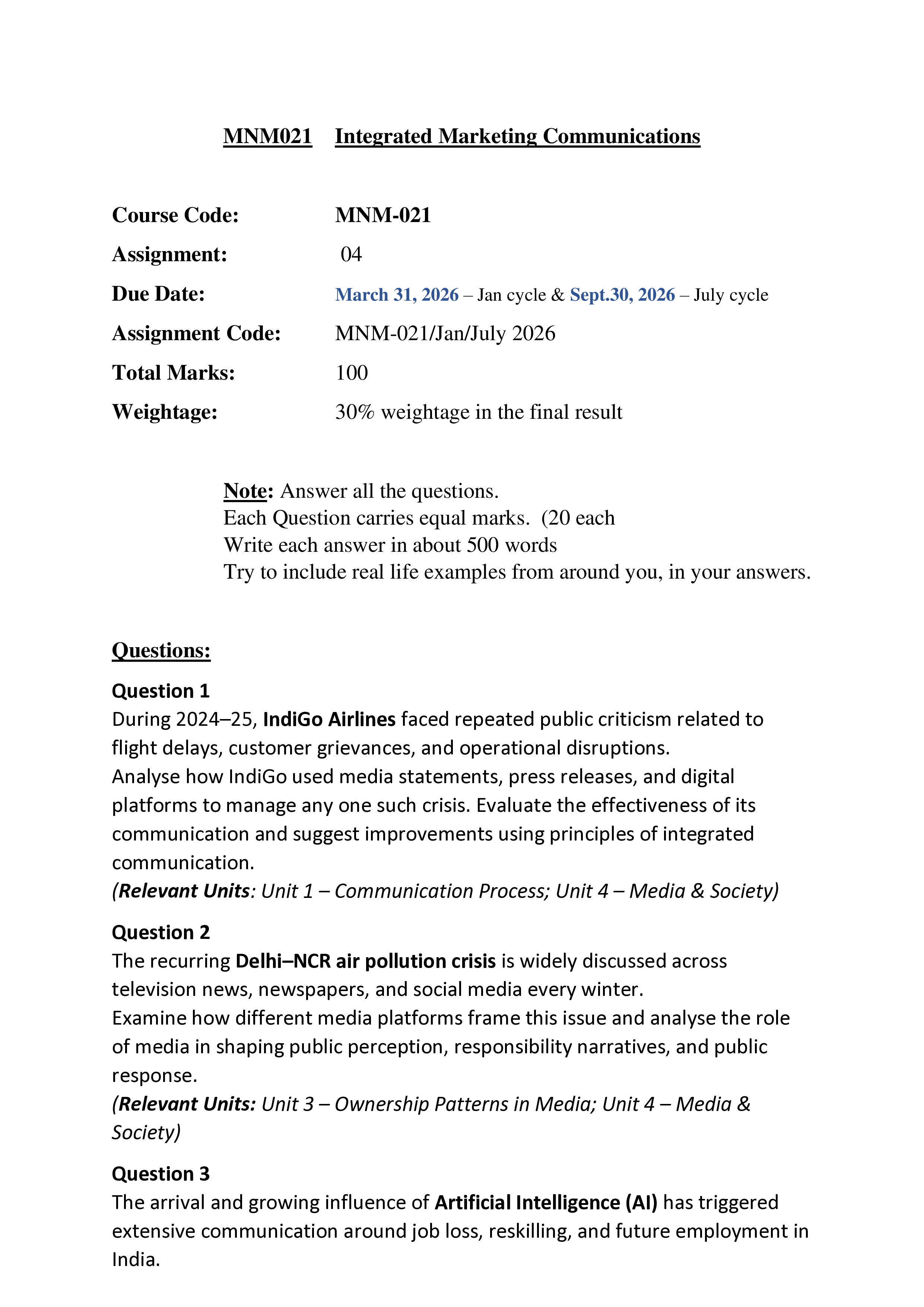 IGNOU MNM 021 Solved Assignment 2026-26 – Integrated Communication Practices (English) | IGNOU Students Portal