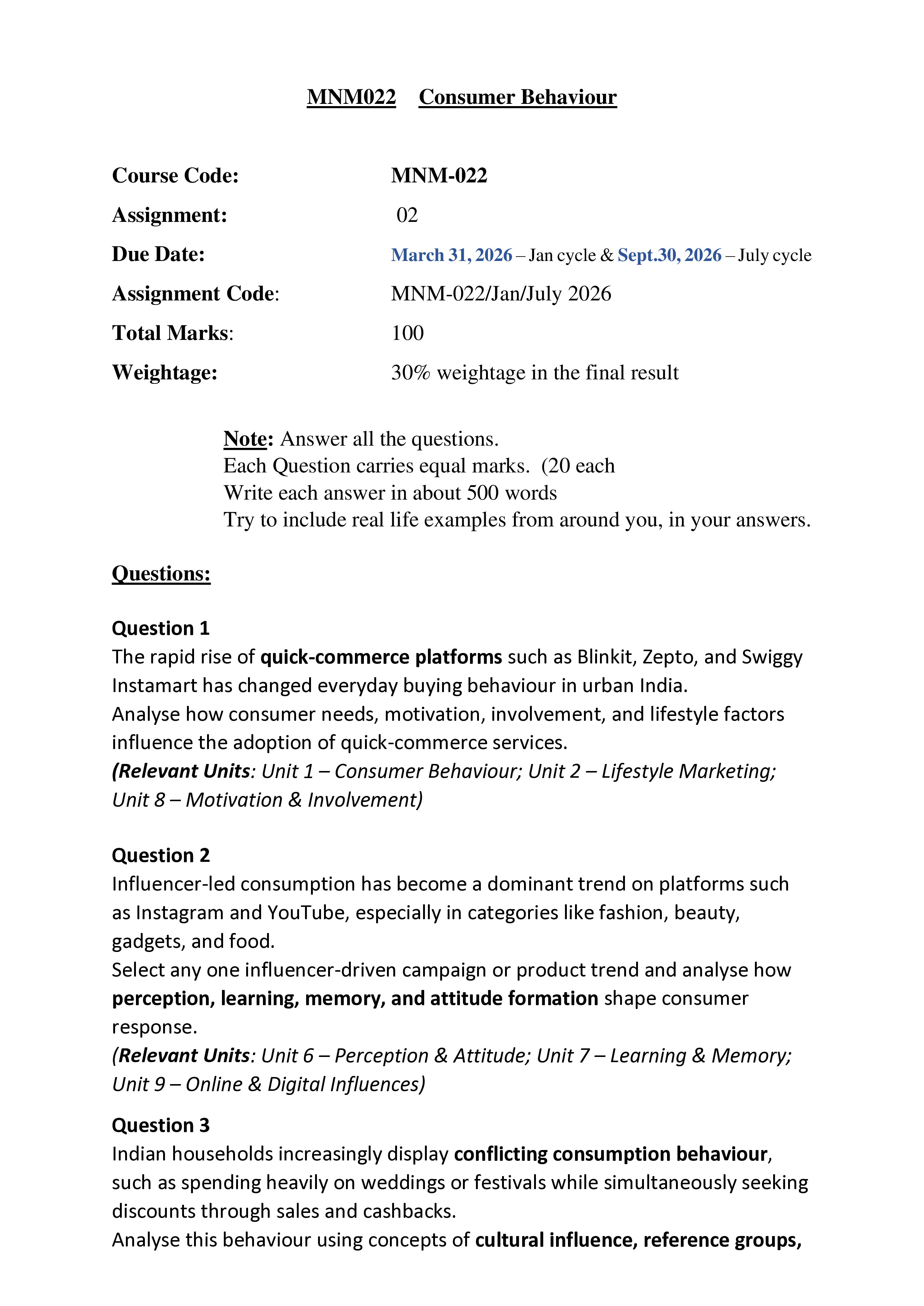 IGNOU MNM 022 Solved Assignment 2026-26 – Consumer Behavior (English) | IGNOU Students Portal