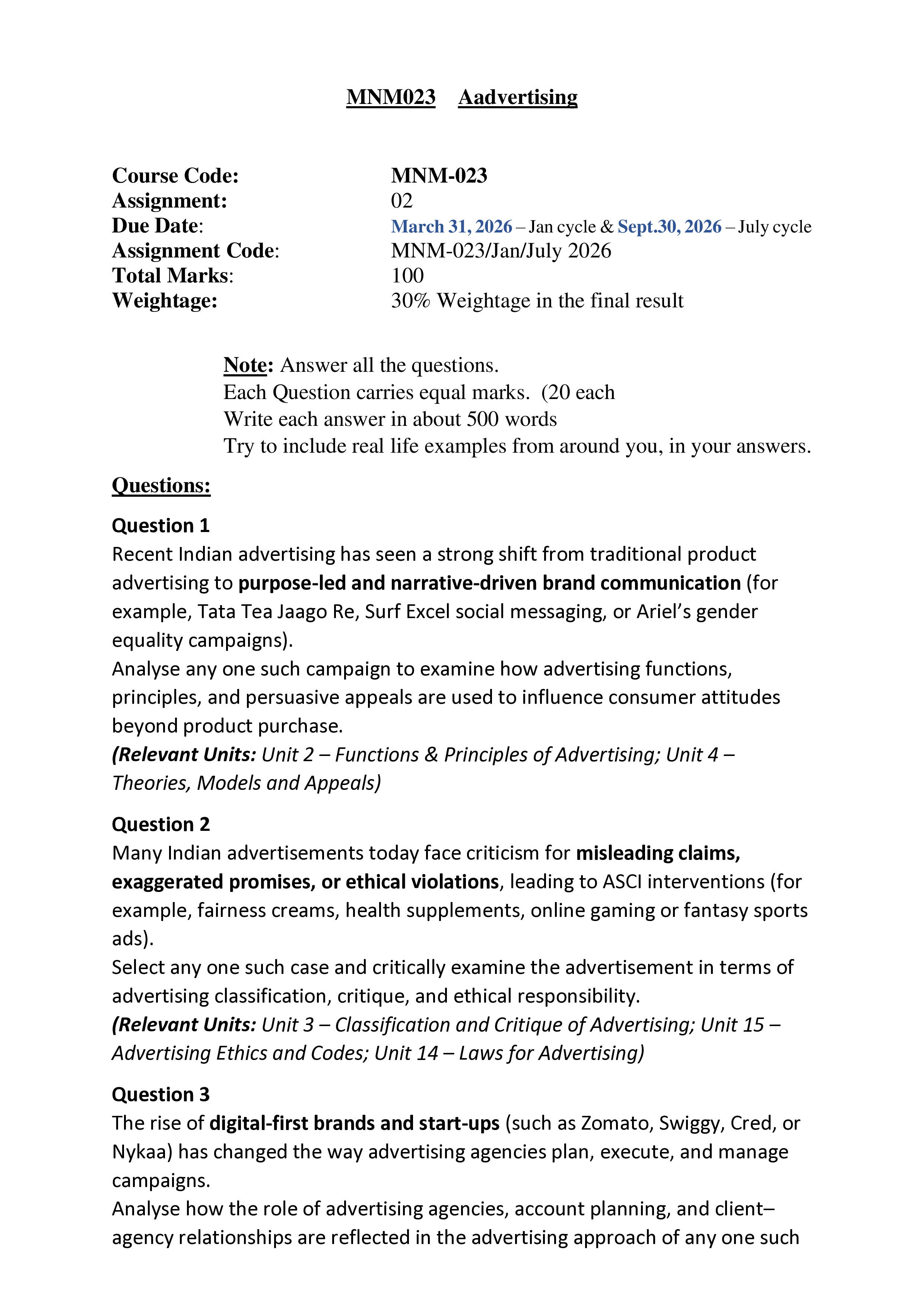 IGNOU MNM 023 Solved Assignment 2026-26 – Advertising (English) | IGNOU Students Portal