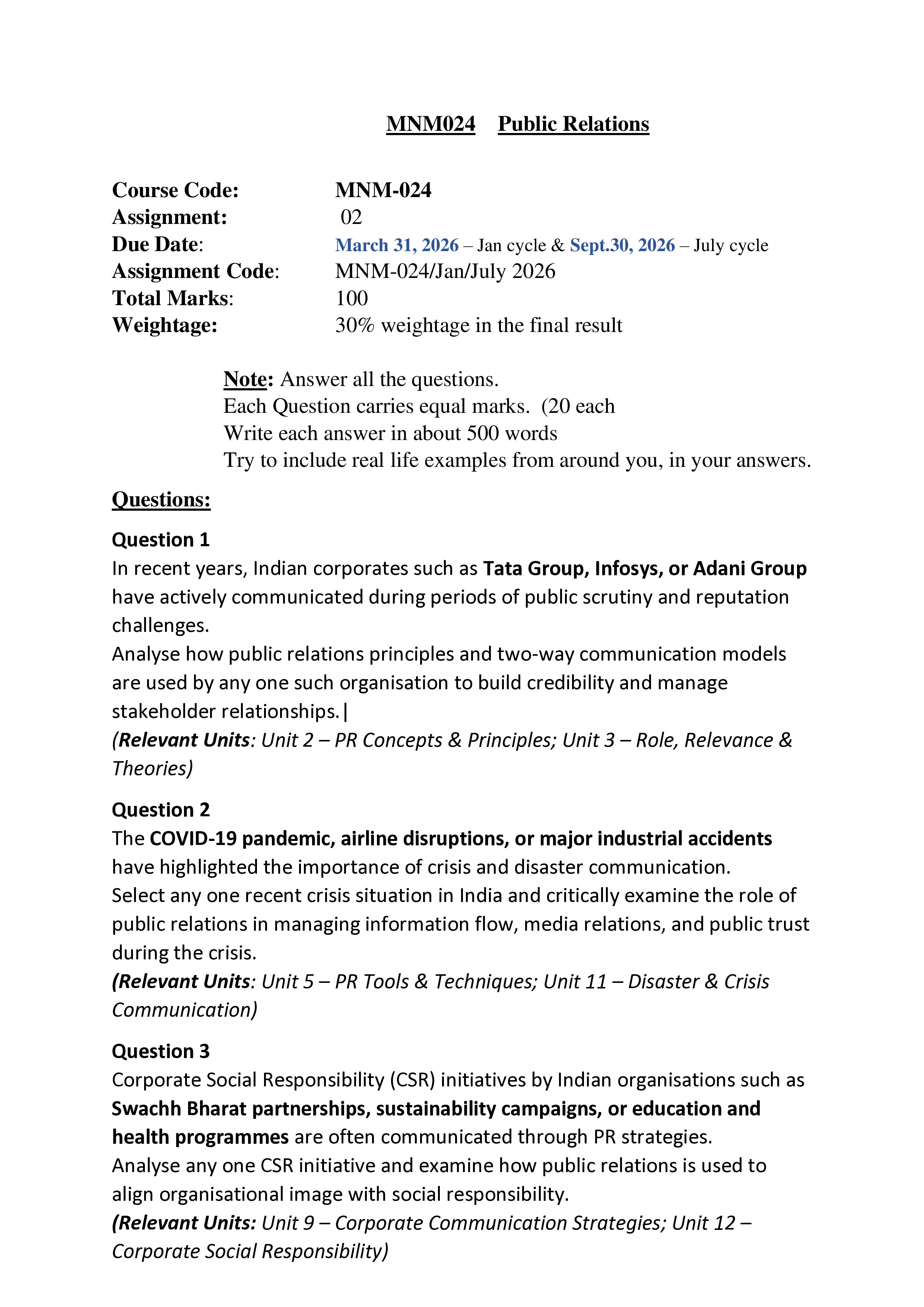 IGNOU MNM 024 Solved Assignment 2026-26 – Public Relations (English) | IGNOU Students Portal