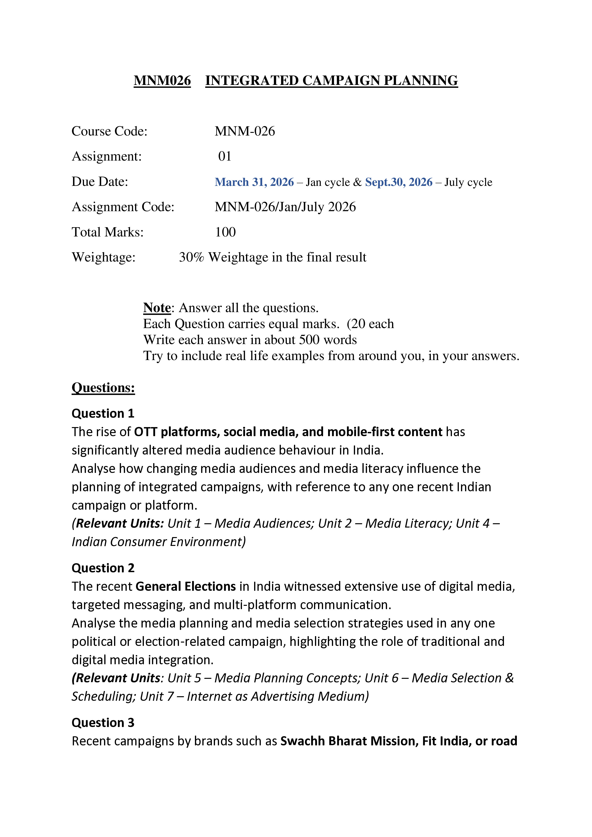 IGNOU MNM 026 Solved Assignment 2026-26 – Integrated Campaign Planning (English) | IGNOU Students Portal