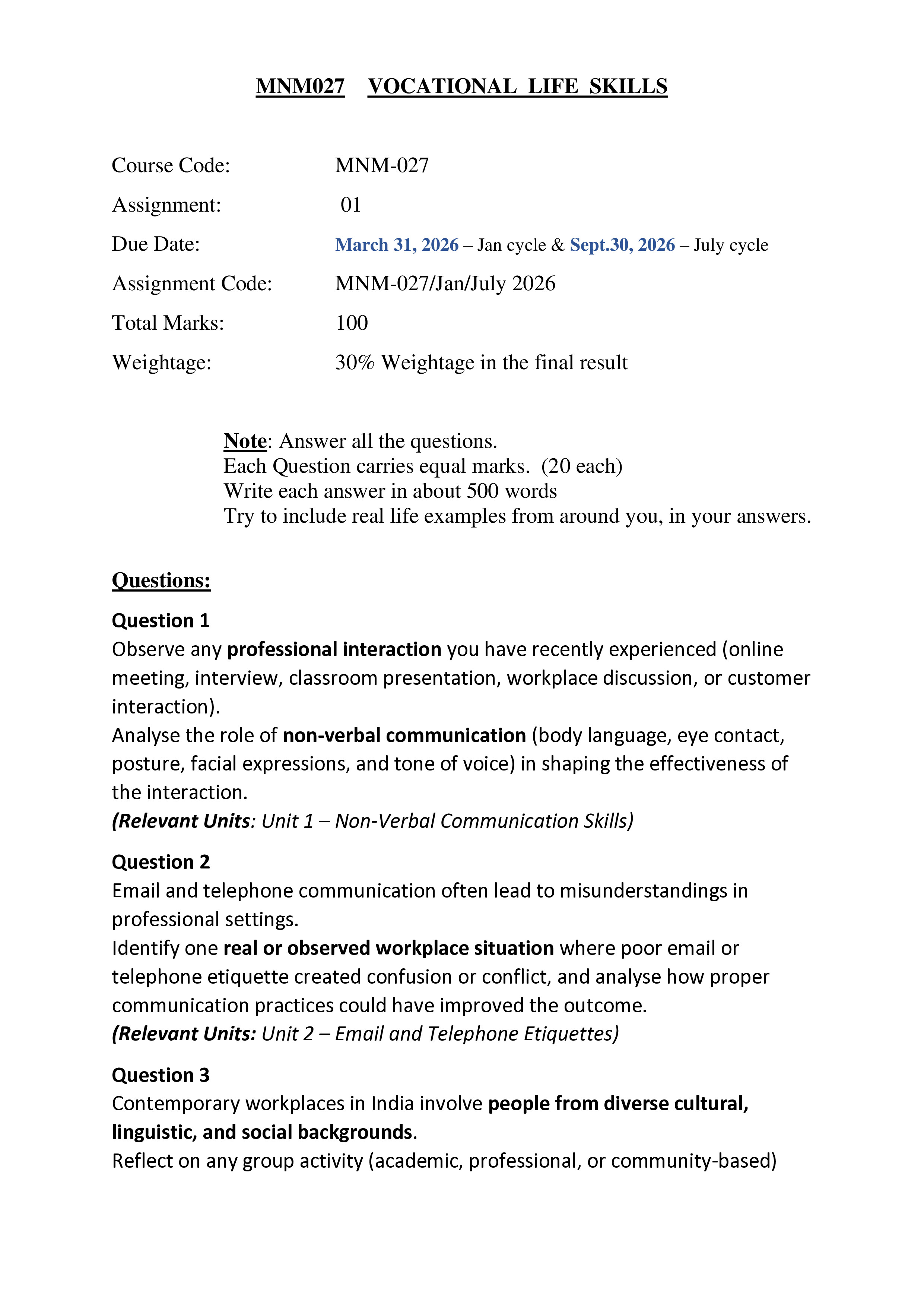 IGNOU MNM 027 Solved Assignment 2026-26 – Vocational Skills (English) | IGNOU Students Portal