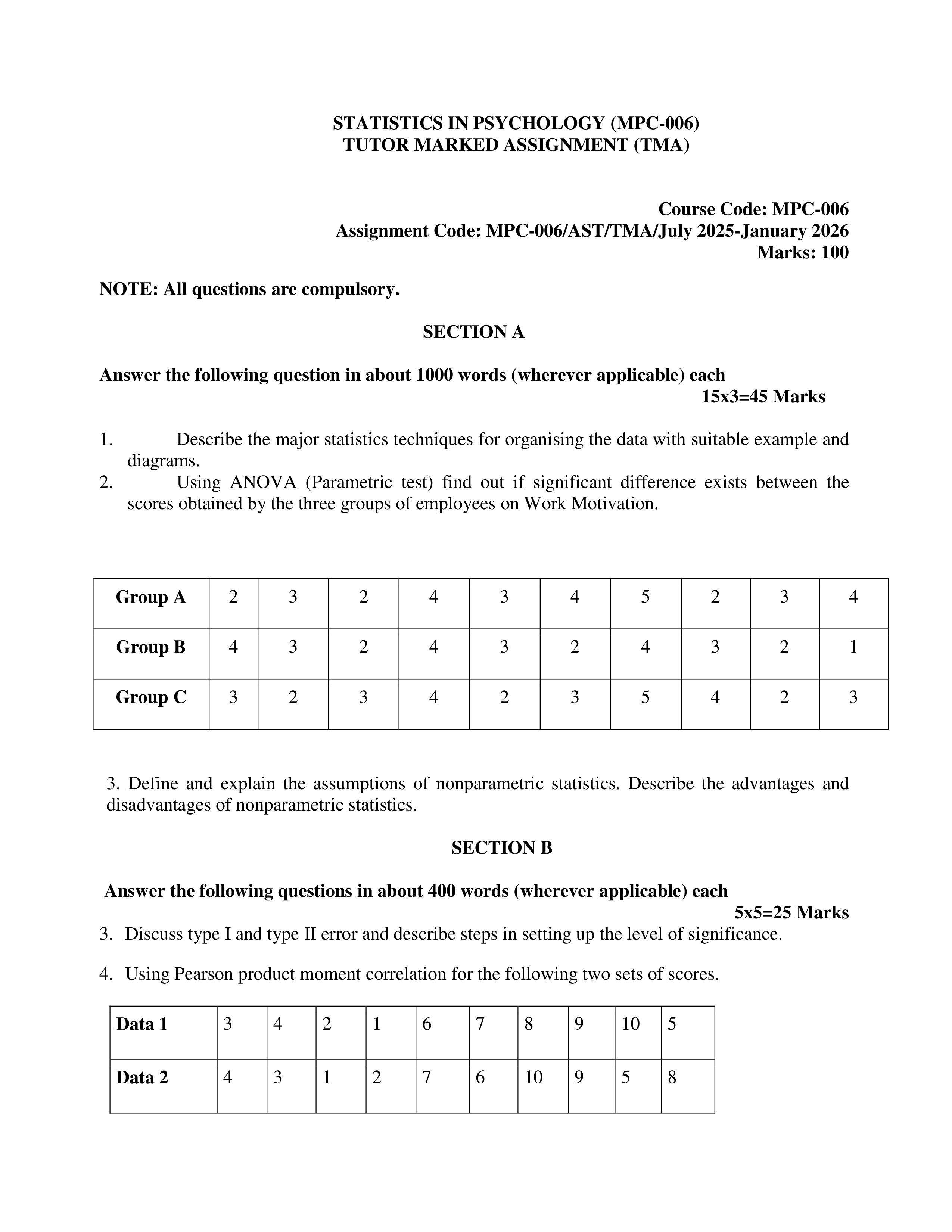 IGNOU MPC 006 Solved Assignment 2025-2026 – Statistics in Psychology (English) | IGNOU Students Portal