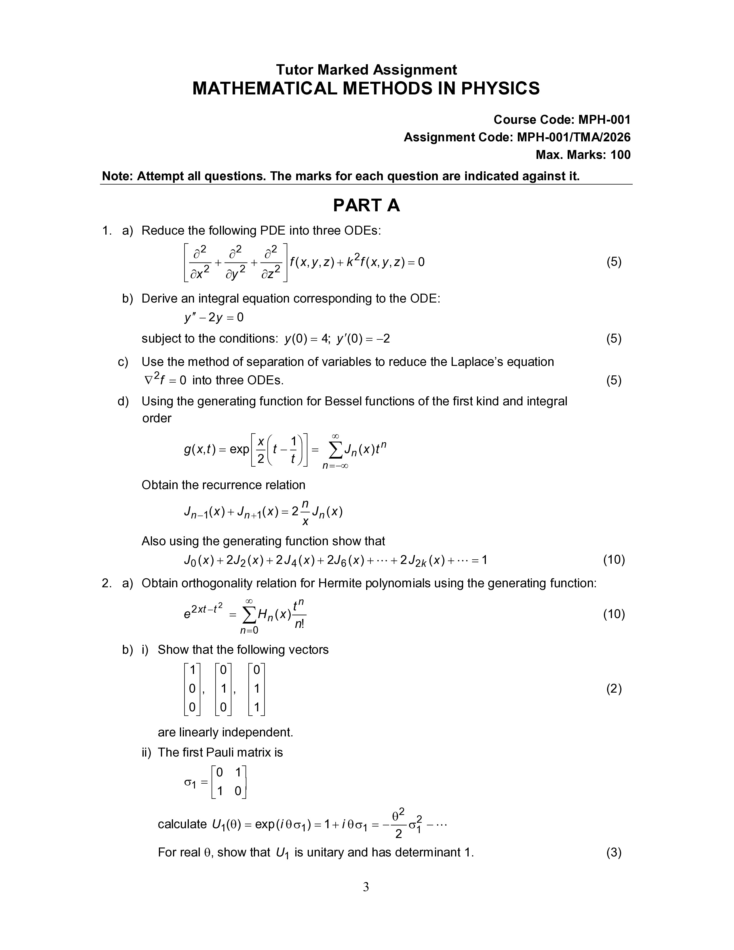 IGNOU MPH 001 Solved Assignment 2026-26 – Mathematical Methods in Physics (English) | IGNOU Students Portal