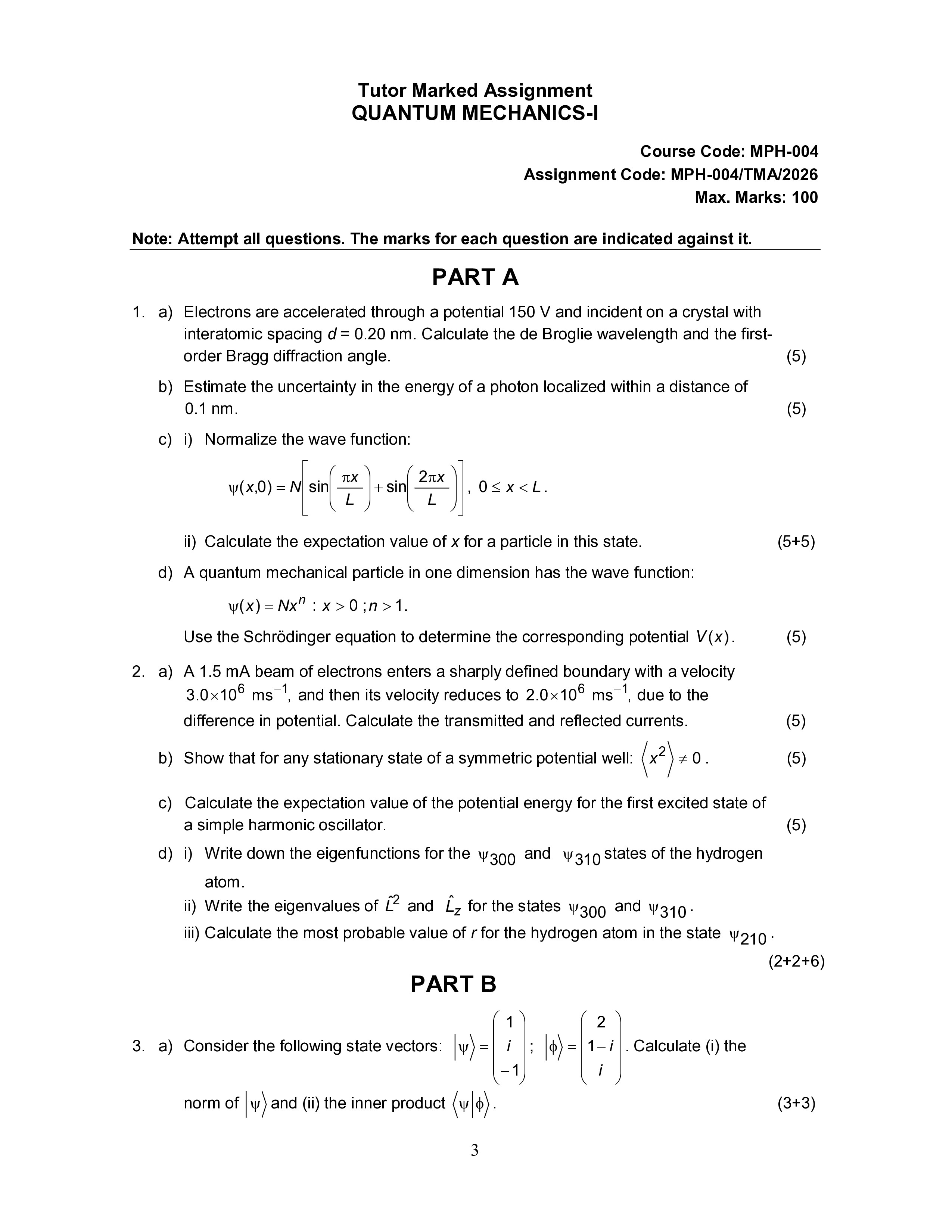 IGNOU MPH 004 Solved Assignment 2026-26 – Quantum Mechanics-I (English) | IGNOU Students Portal
